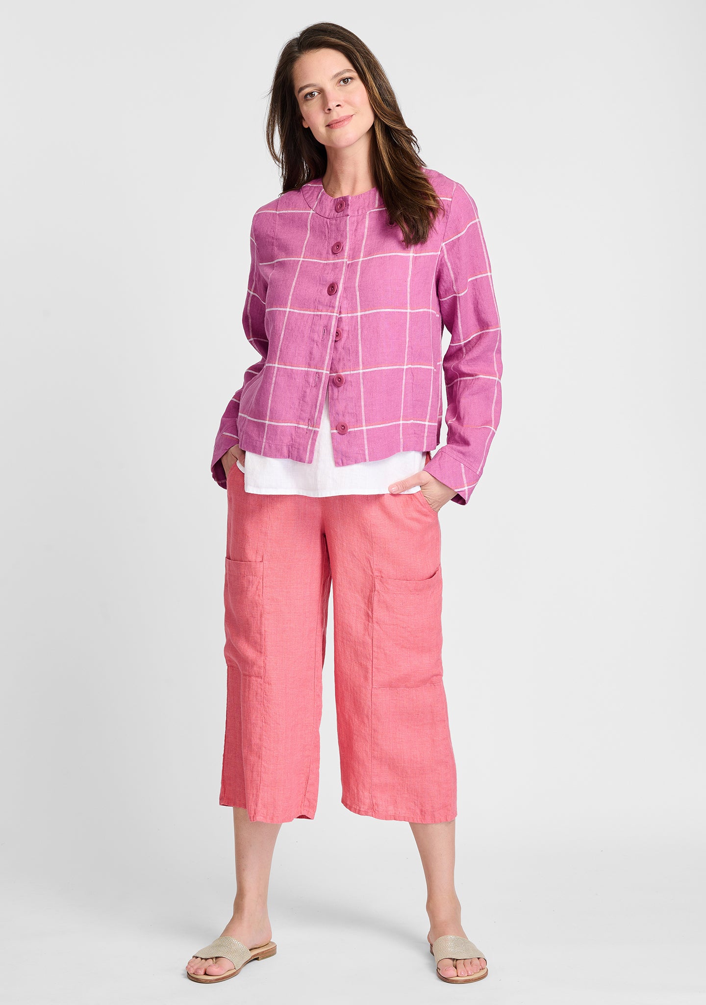 FLAX linen jacket in pink with linen tank in white and linen pants in orage