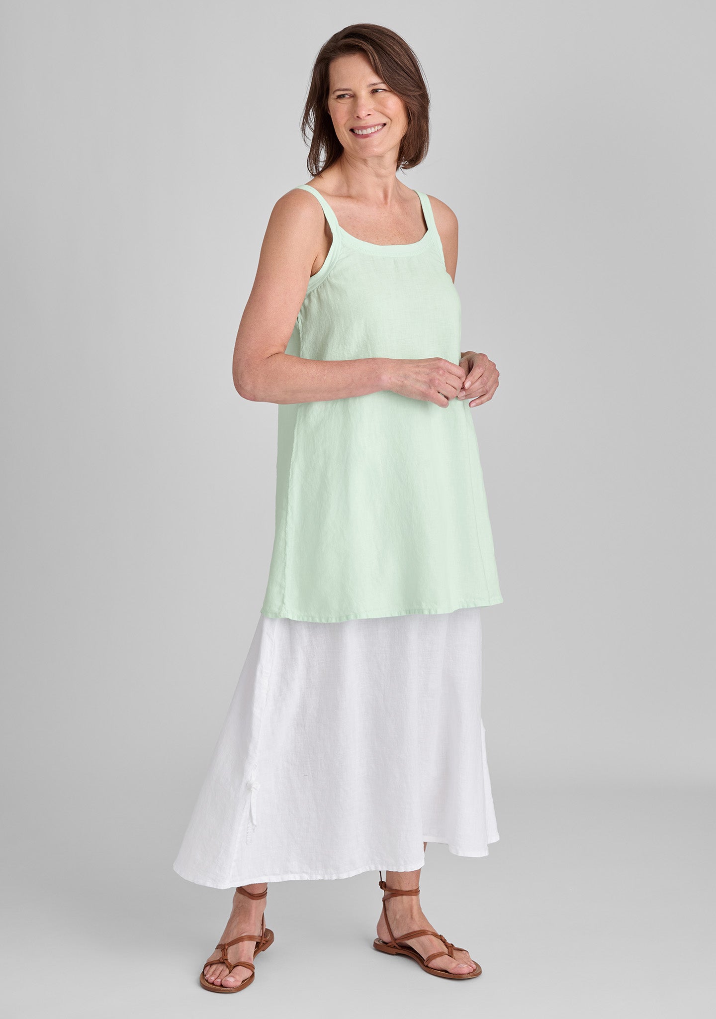 FLAX linen tank in green with linen skirt in white