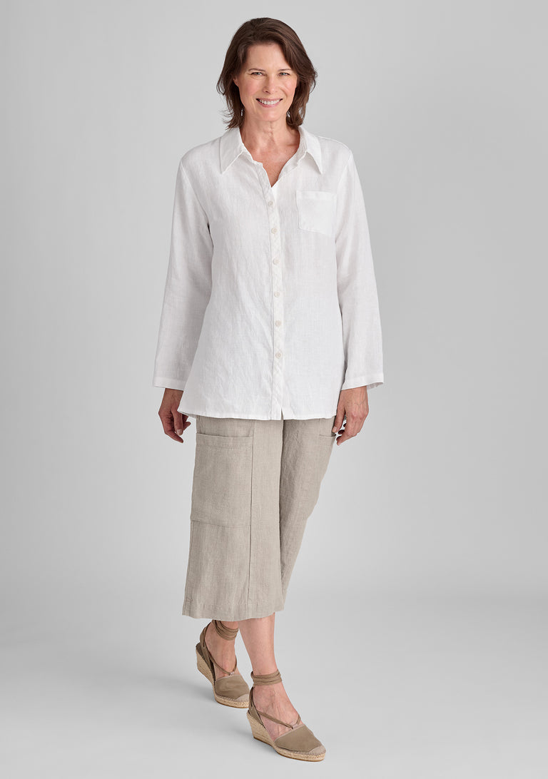 FLAX linen shirt in white with linen pants in natural