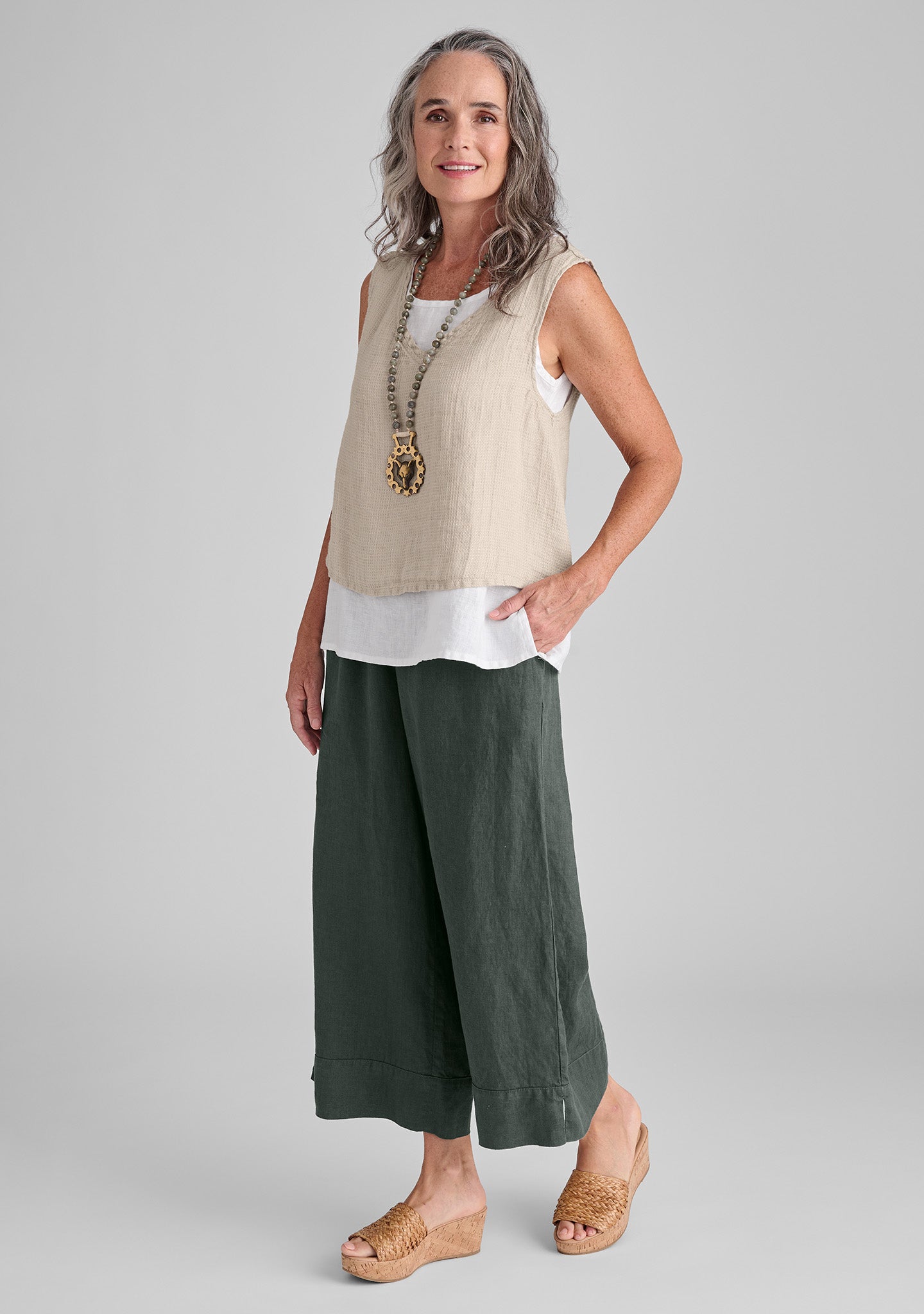 FLAX linen tank in natural with linen tank in white and linen pants in green