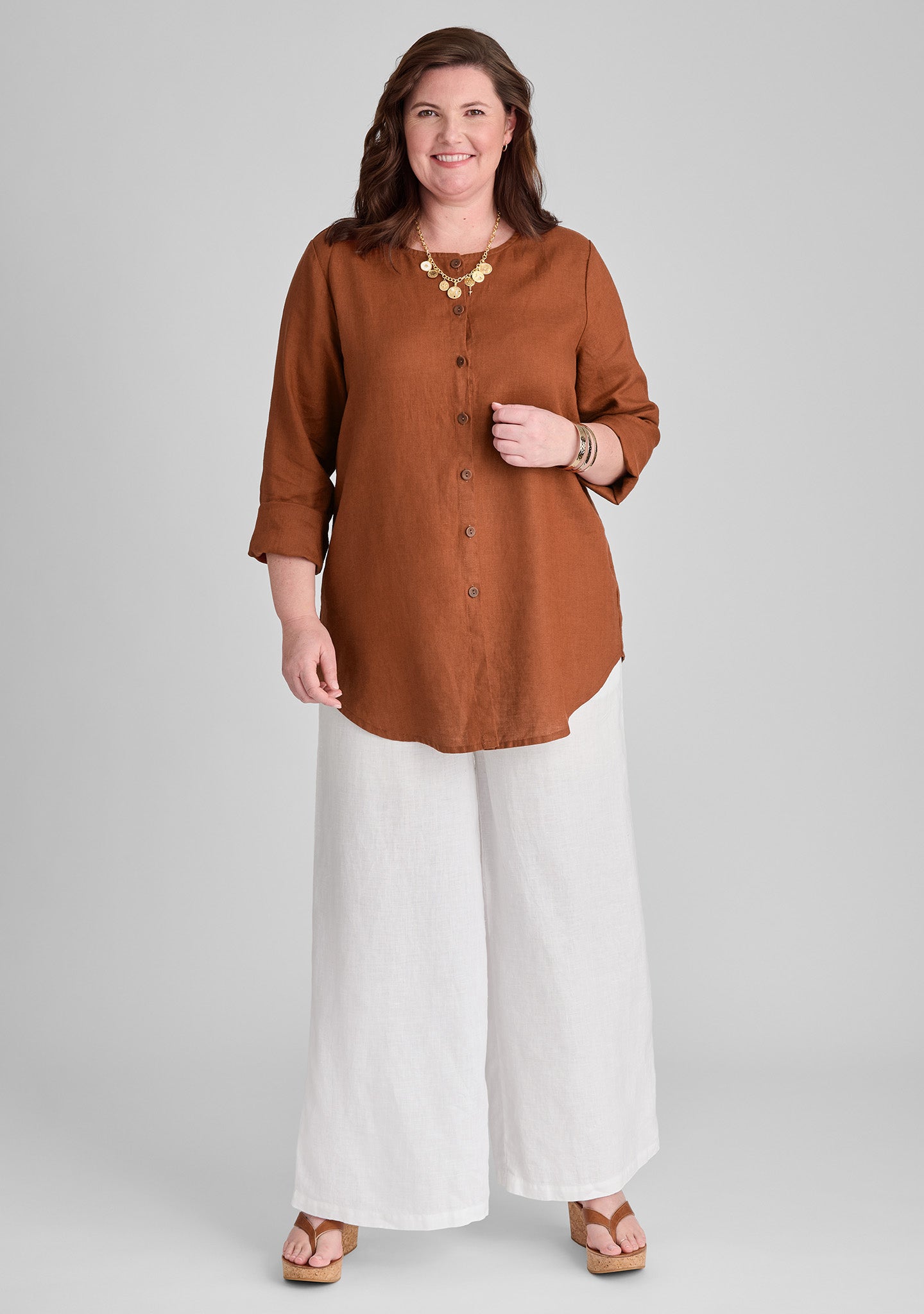 FLAX linen blouse in orange with linen pants in white