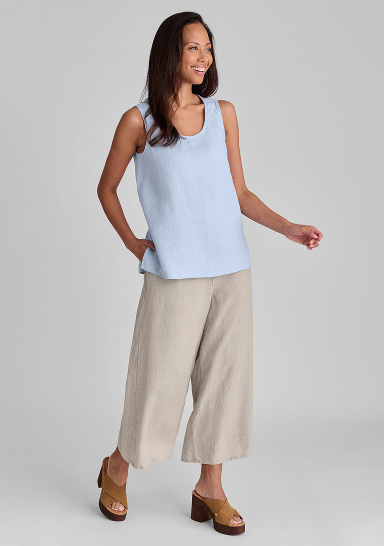 FLAX linen tank in blue with linen pants in natural