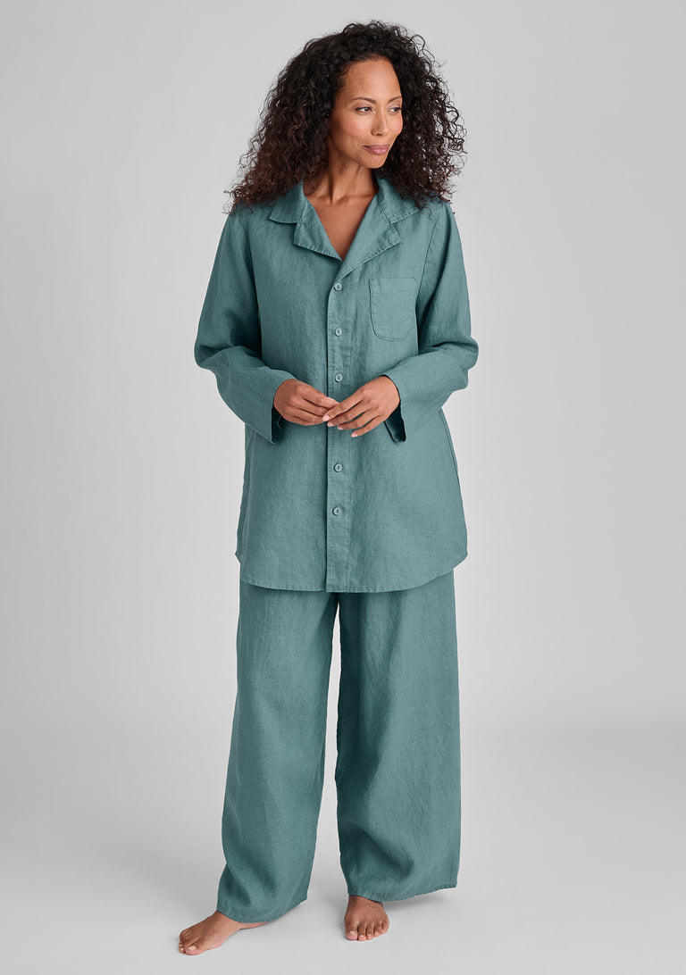 FLAX linen pajama shirt in blue and linen pajama bottoms in blue