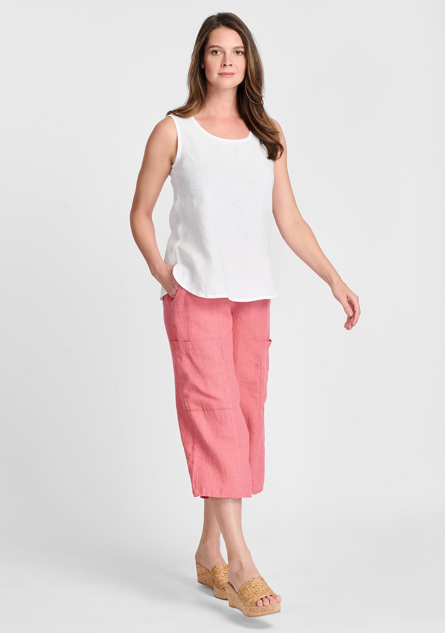 FLAX linen tank in white with linen pants in orange