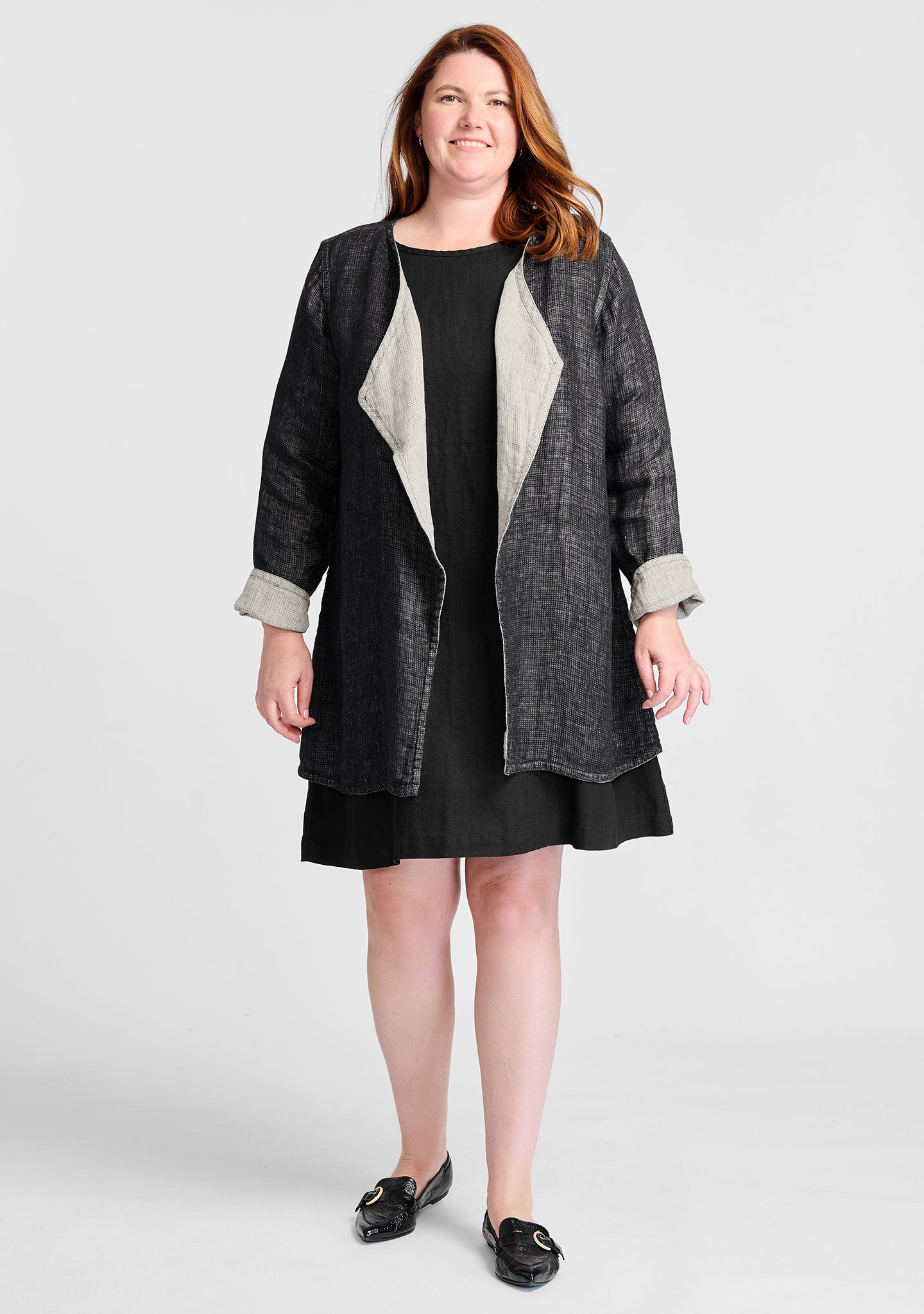 FLAX linen jacket in black with linen dress in black