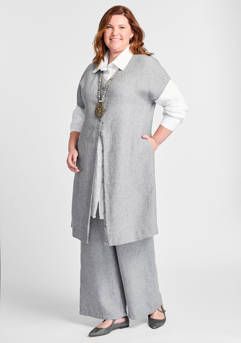 FLAX linen vest in grey with linen shirt in white and linen pants in grey