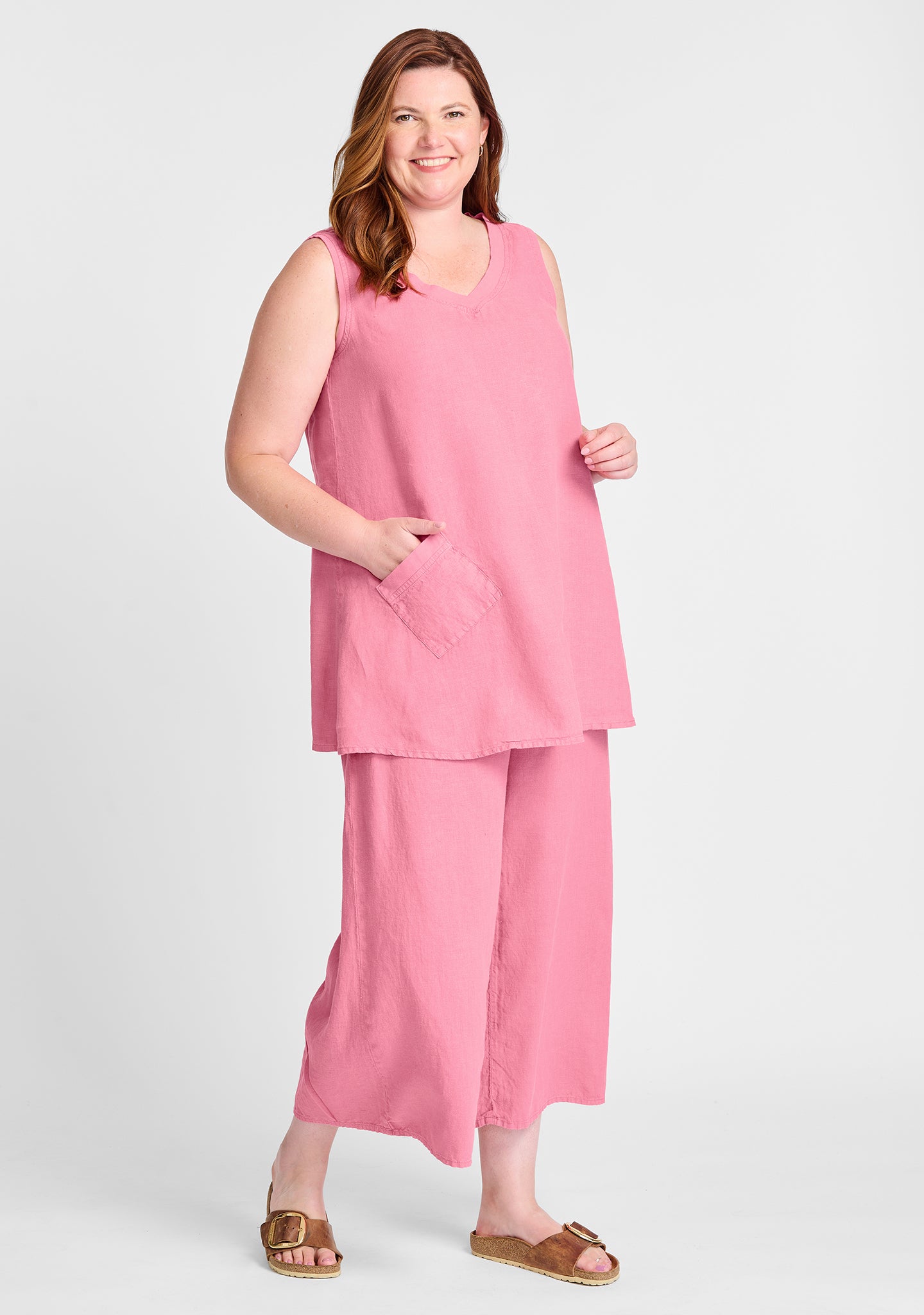 FLAX linen tank in pink with linen pants in pink