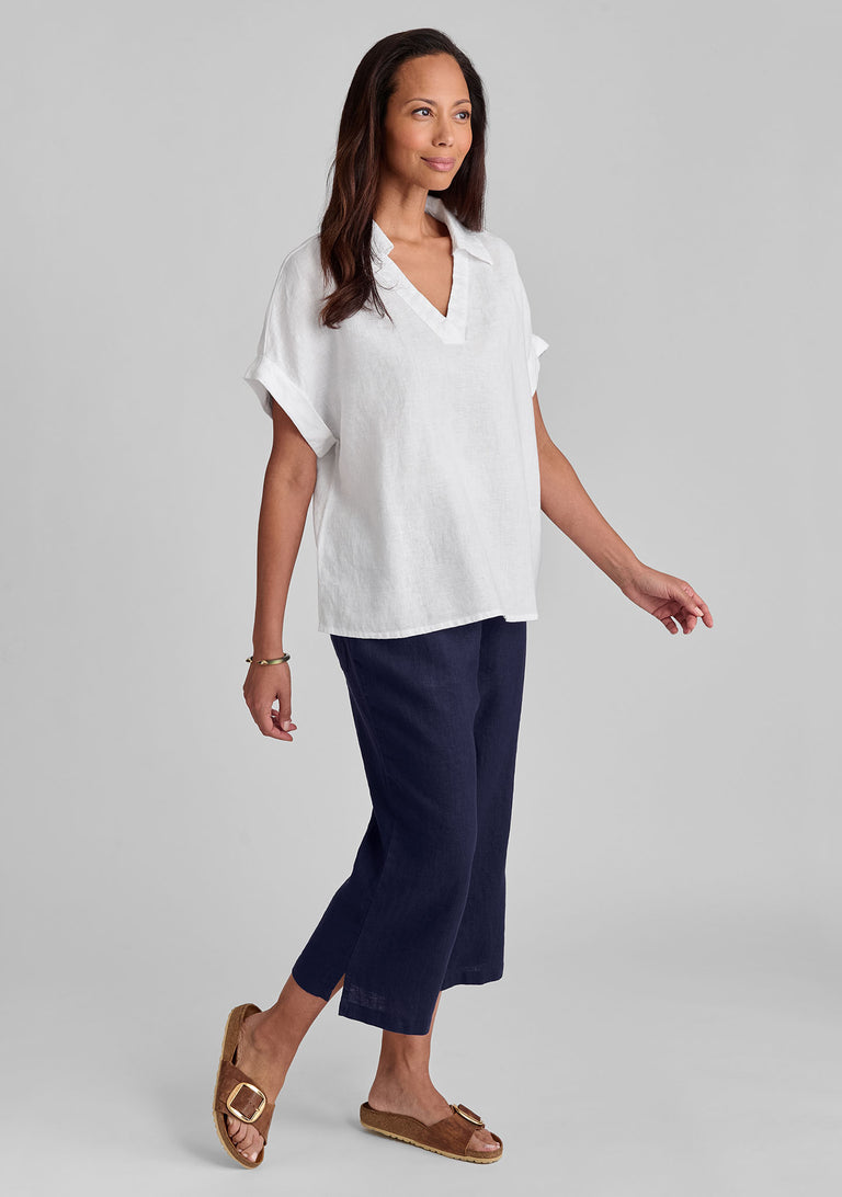 FLAX linen shirt in white with linen pants in blue