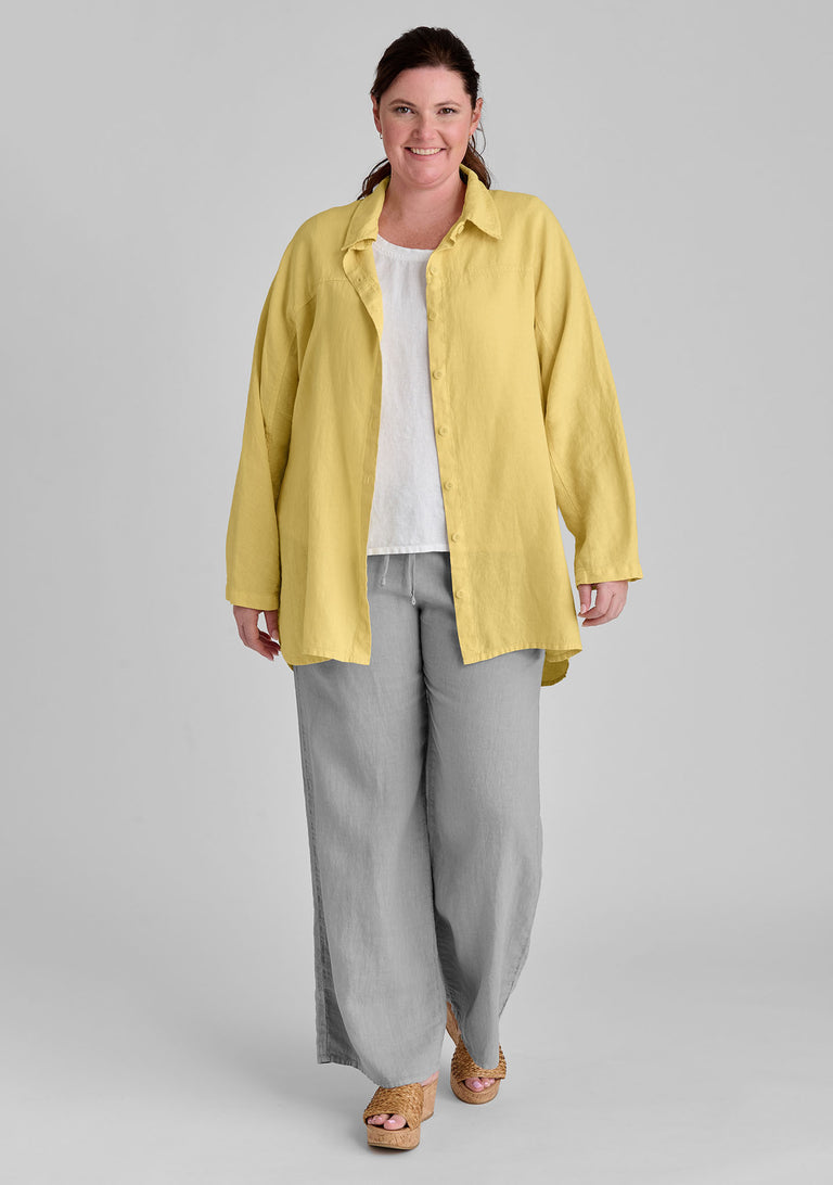 FLAX linen shirt in yellow with linen tank in white and linen pants in grey
