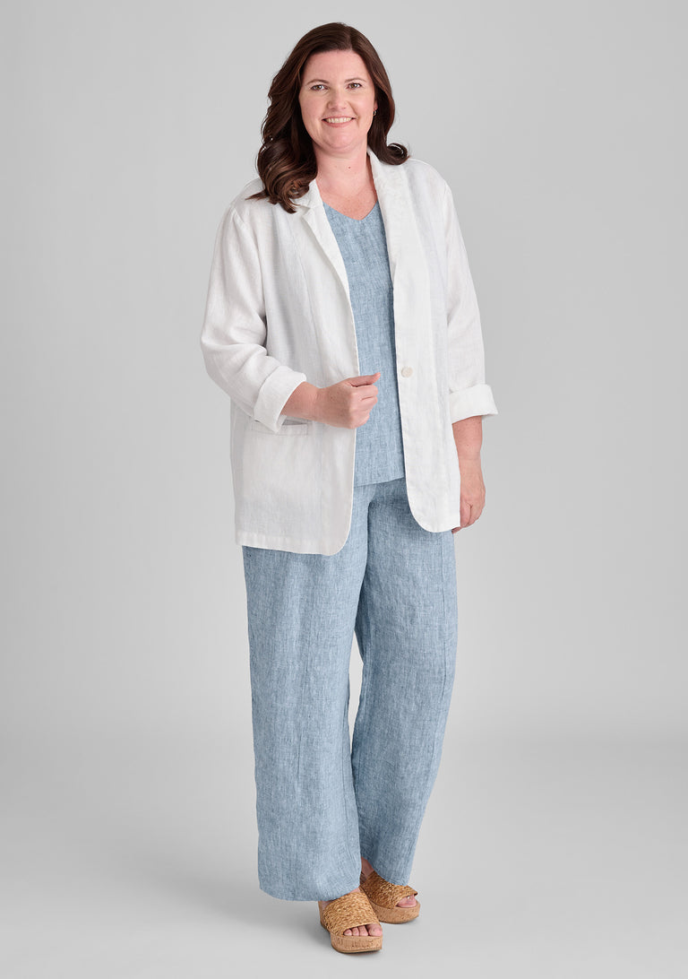 FLAX linen jacket in white with a linen tank in blue and linen pants in blue