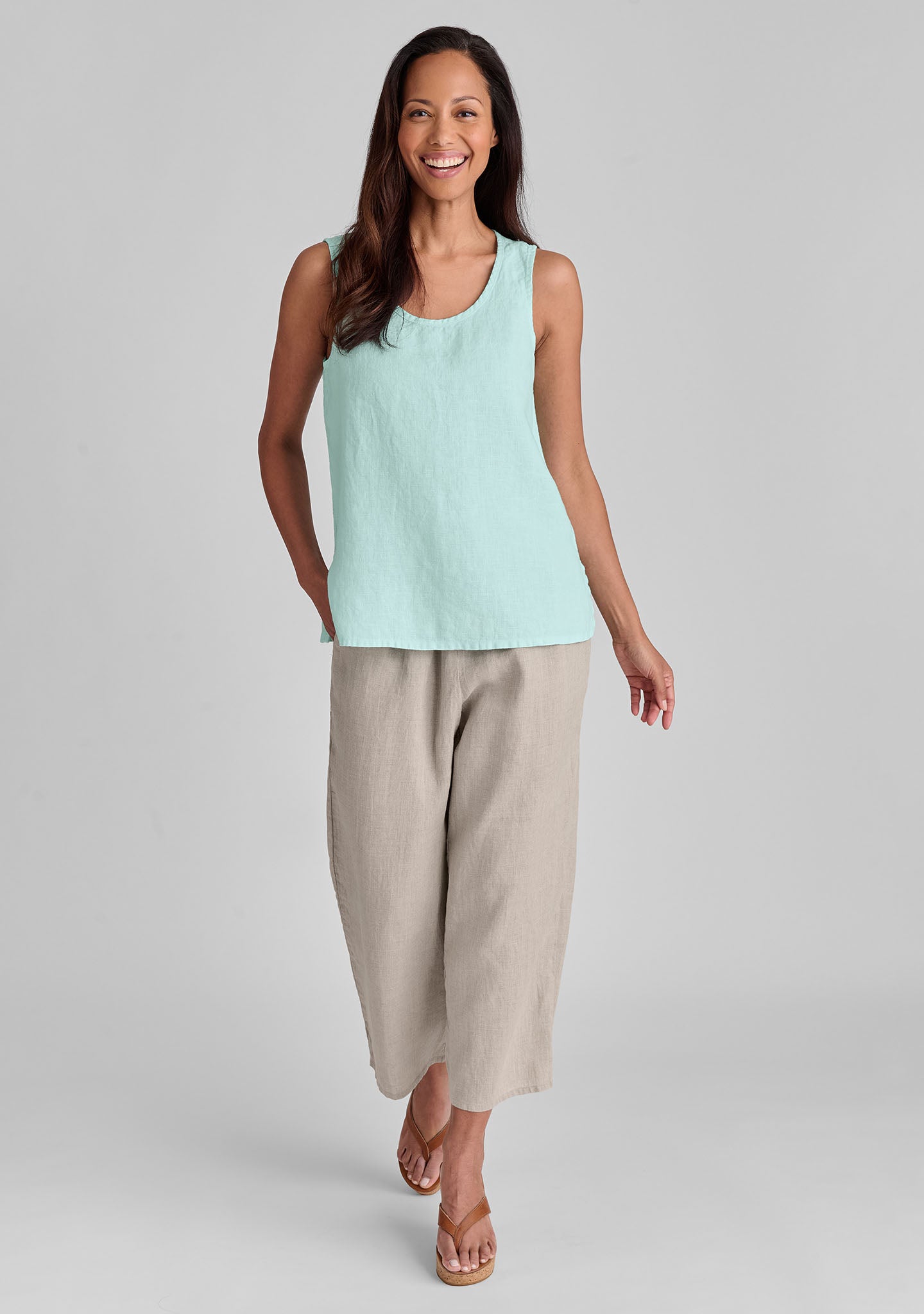 FLAX linen tank in green with linen pants in natural
