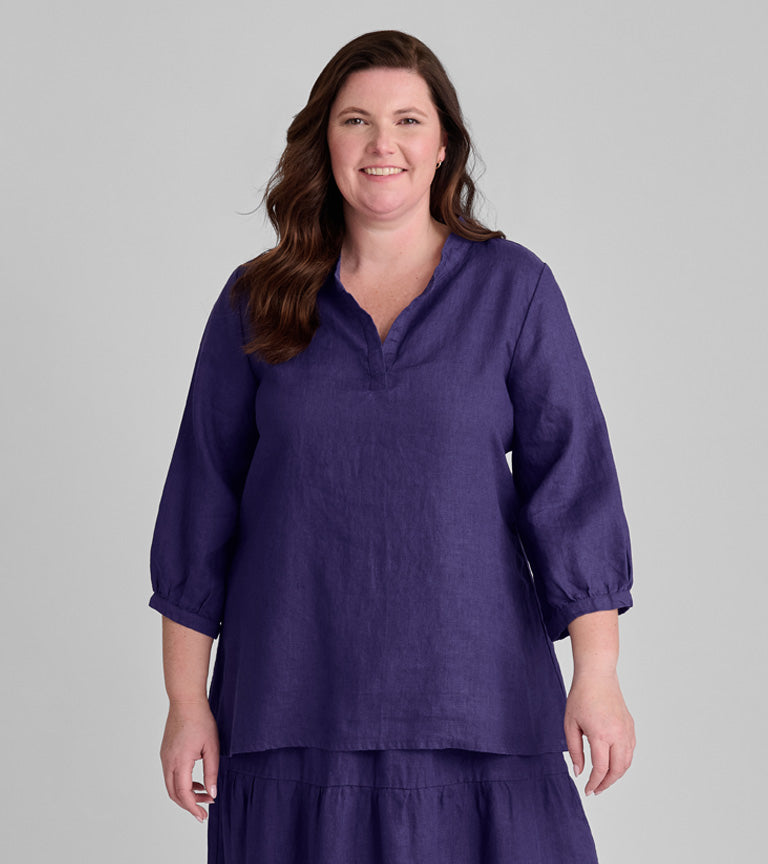 FLAX women's linen clothing brand purple linen top