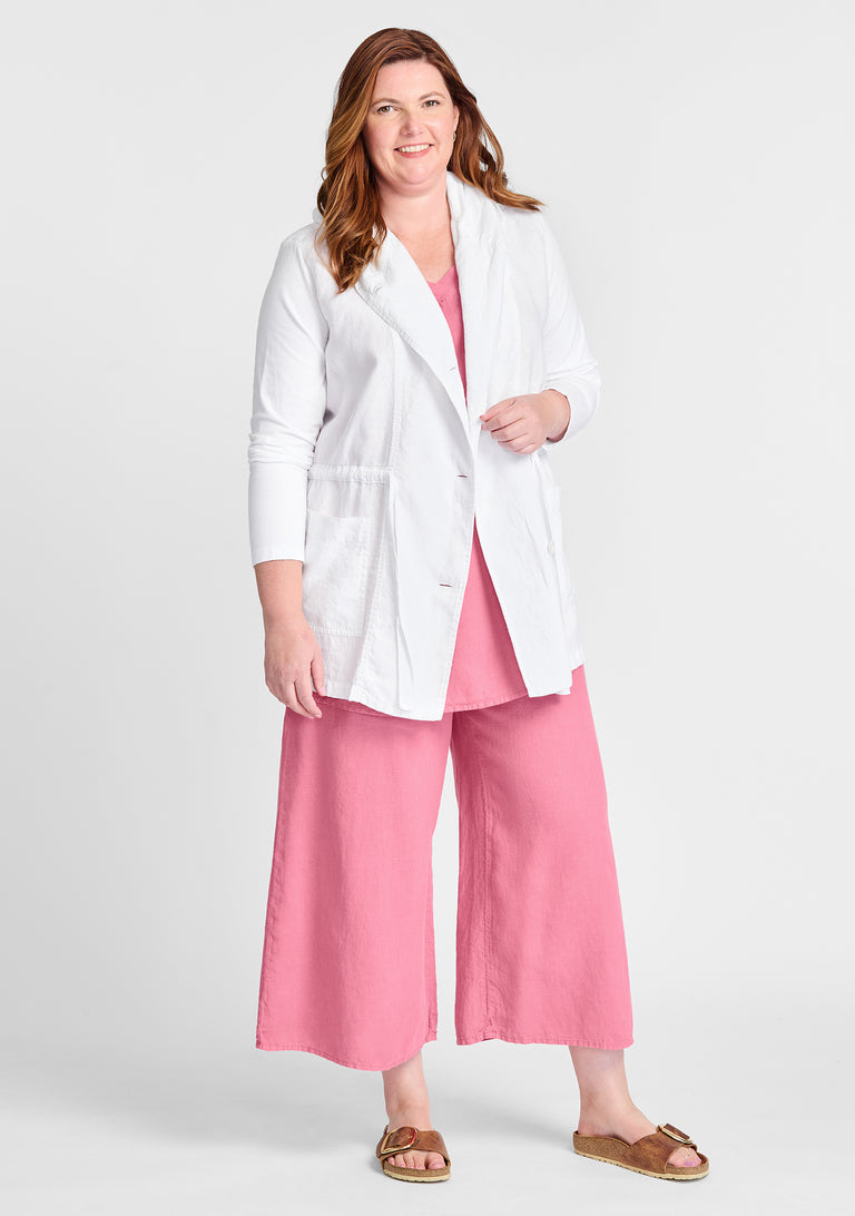 FLAX linen jacket in white with linen tank in pink and linen pants in pink