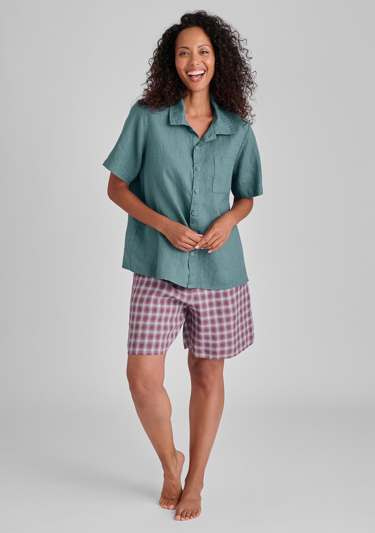 FLAX linen pajama shirt in blue and linen pajama shorts in plaid