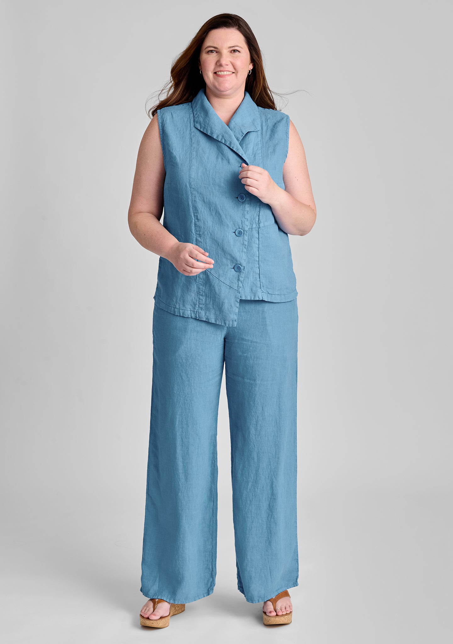 FLAX linen vest in blue with linen pant in blue