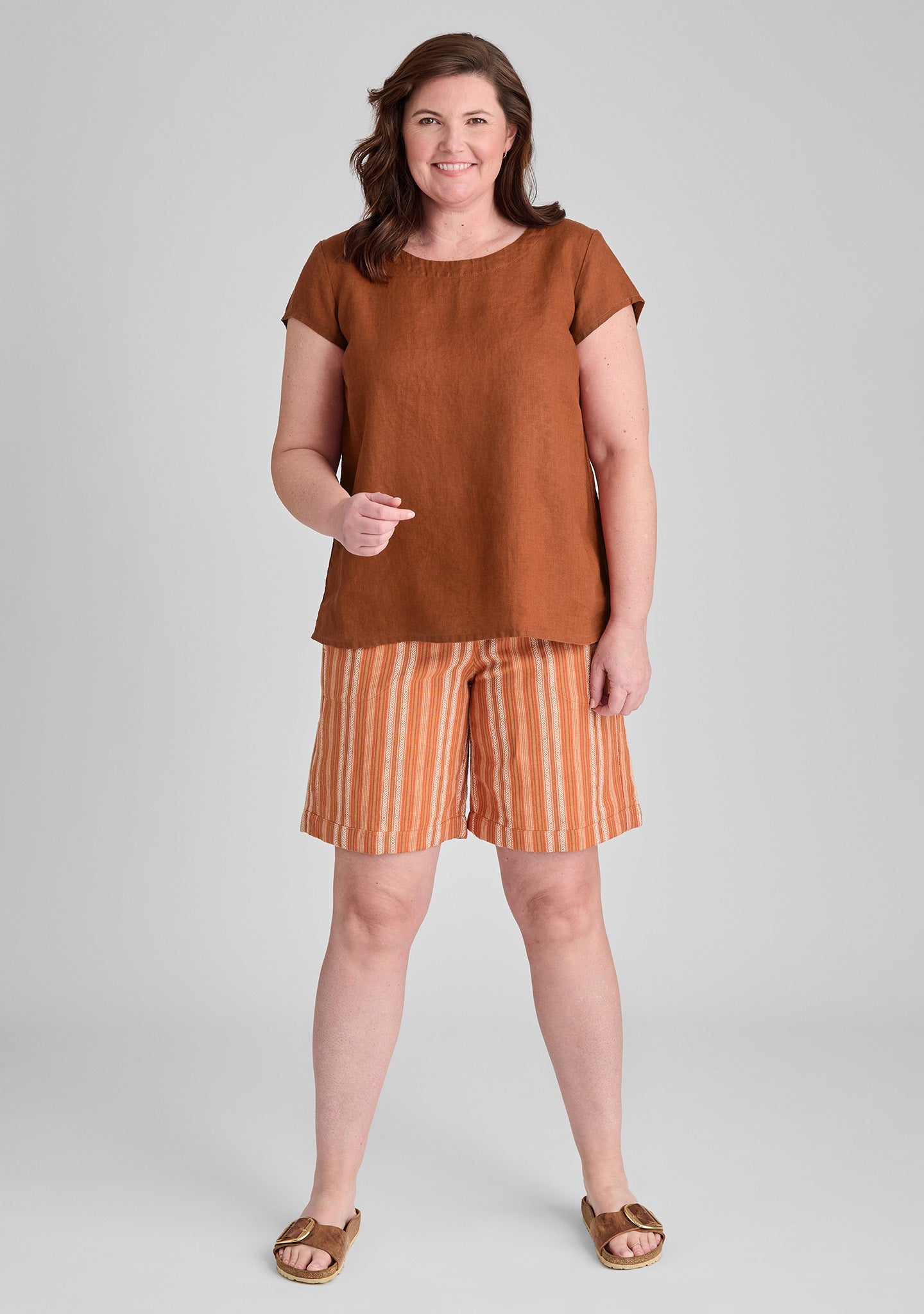 FLAX linen t shirt in orange with linen shorts in orange