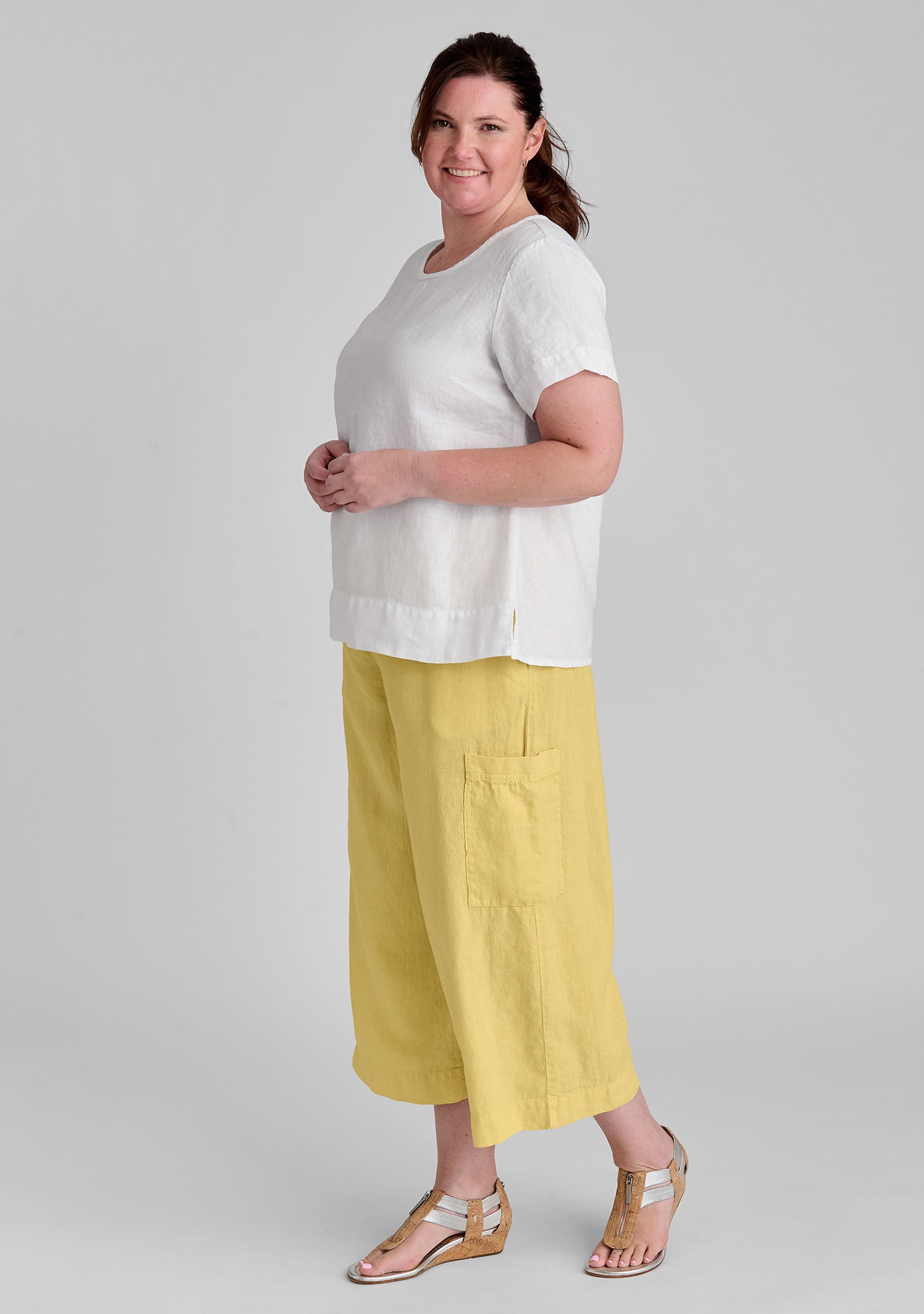 FLAX linen shirt in white with linen pants in yellow