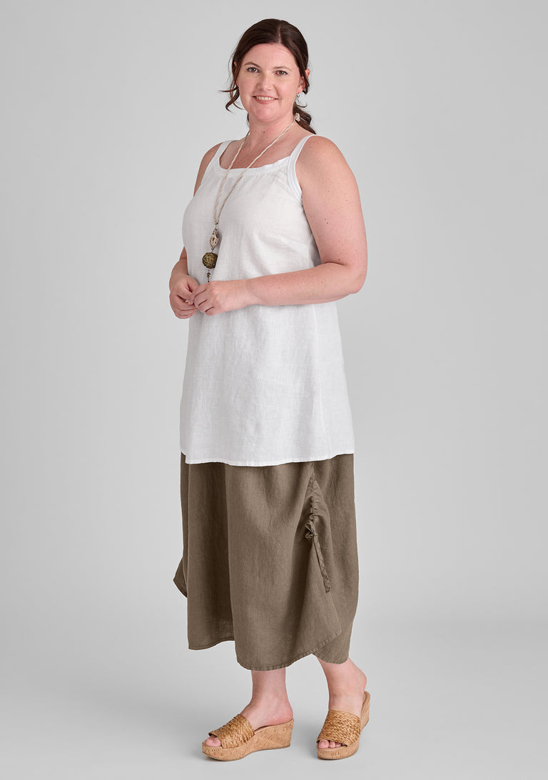 FLAX linen tank in white and linen skirt in brown