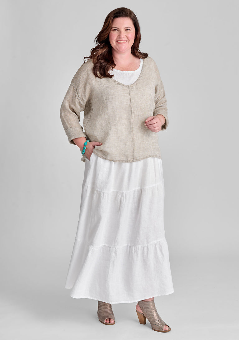 FLAX linen shirt in natural with linen tank in white and linen skirt in white
