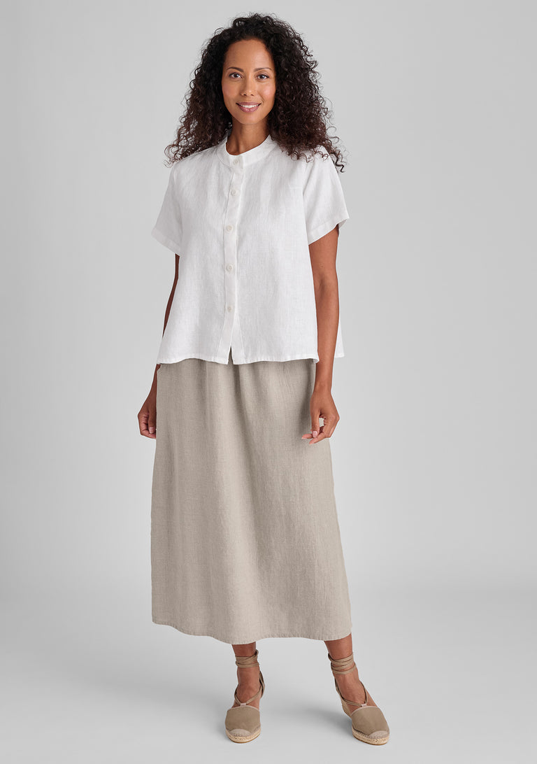 FLAX linen shirt in white with linen skirt in natural