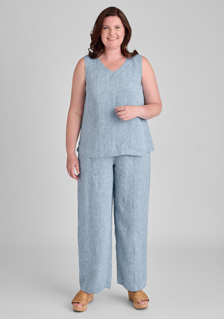 FLAX linen tank in blue with linen pants in blue