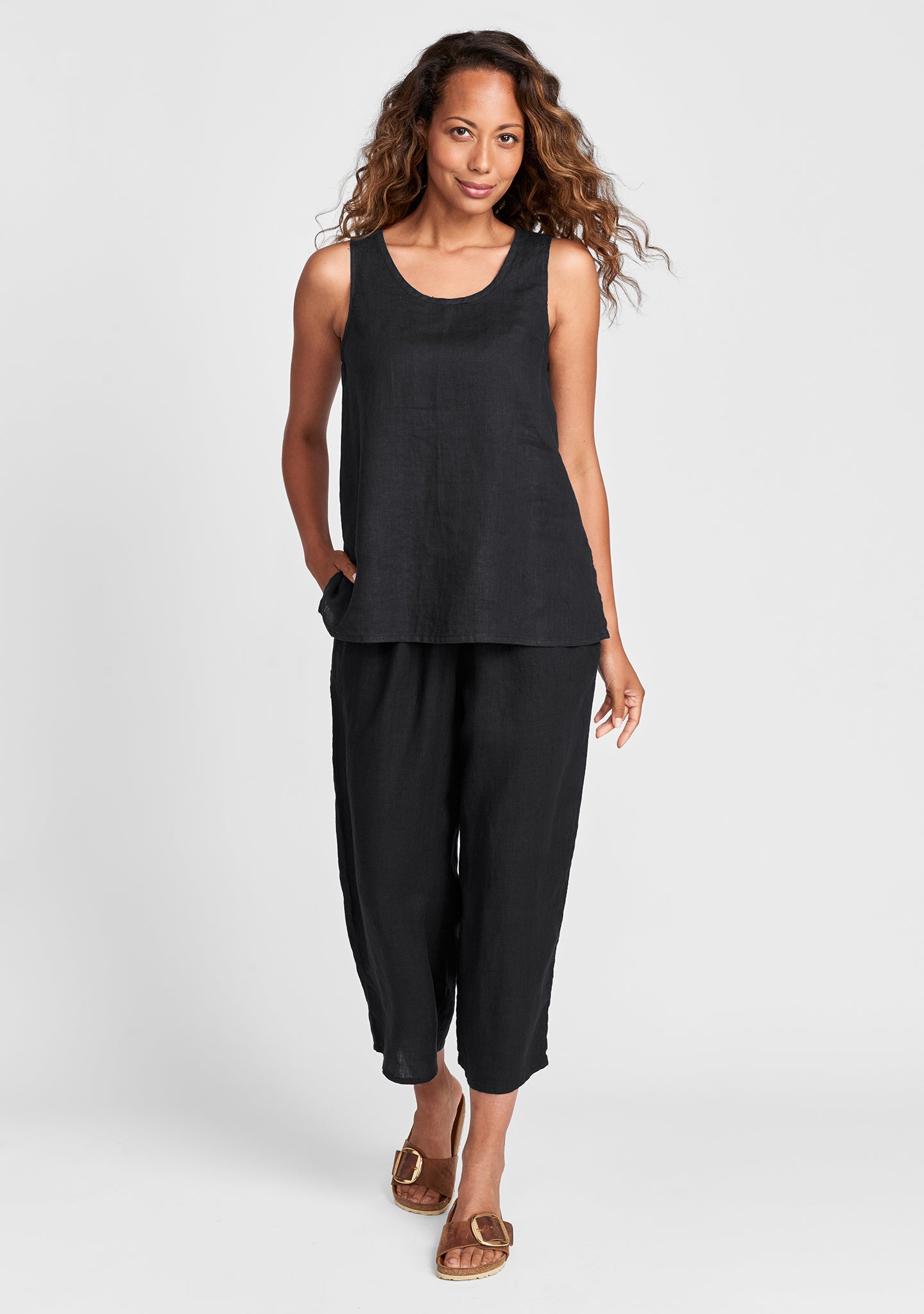 FLAX linen tank in black with linen pants in black