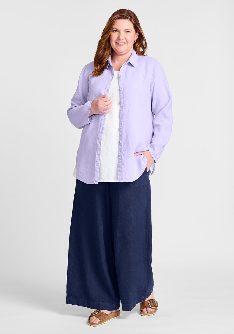 FLAX linen shirt in purple with linen tank in white and linen pants in blue