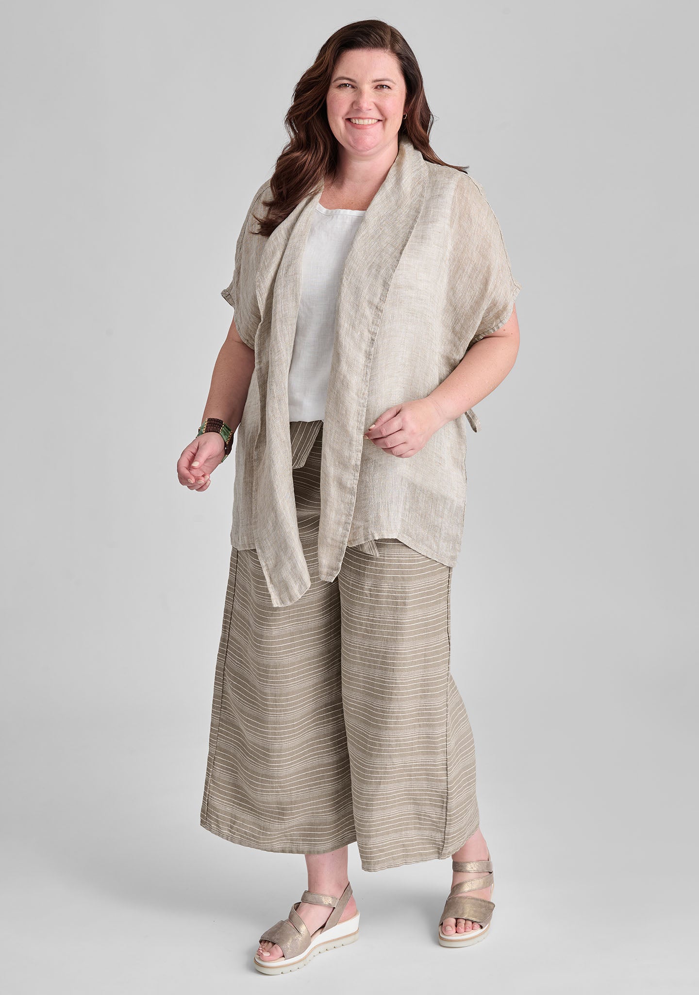 FLAX linen cardigan in natural with linen tank in white and linen pants in natural