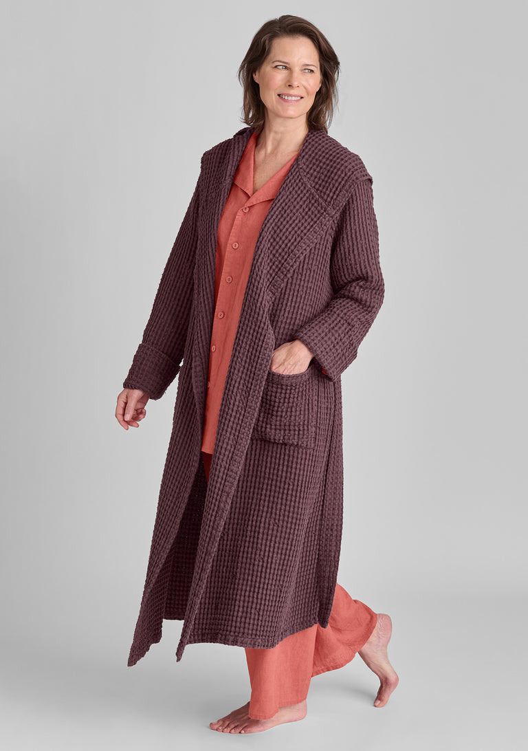 FLAX linen robe in purple and linen pajamas in pink