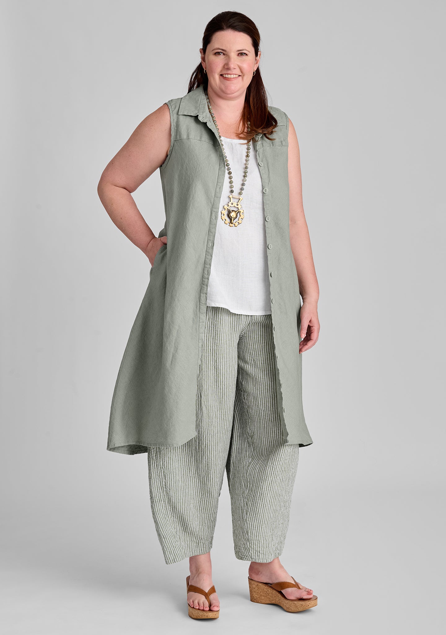 FLAX linen blouse in green with linen tank in white and linen pants in green