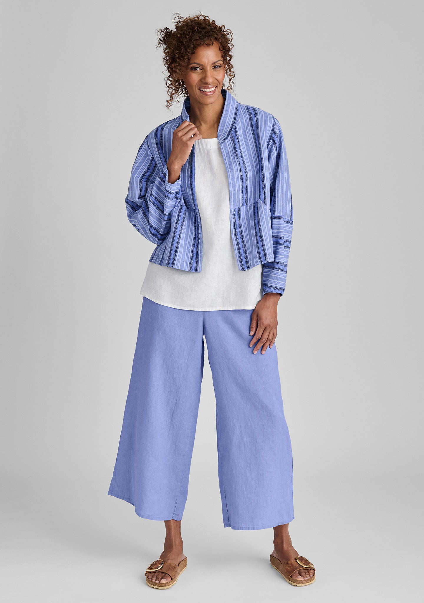 FLAX linen jacket in blue with linen tank in white and linen pants in blue