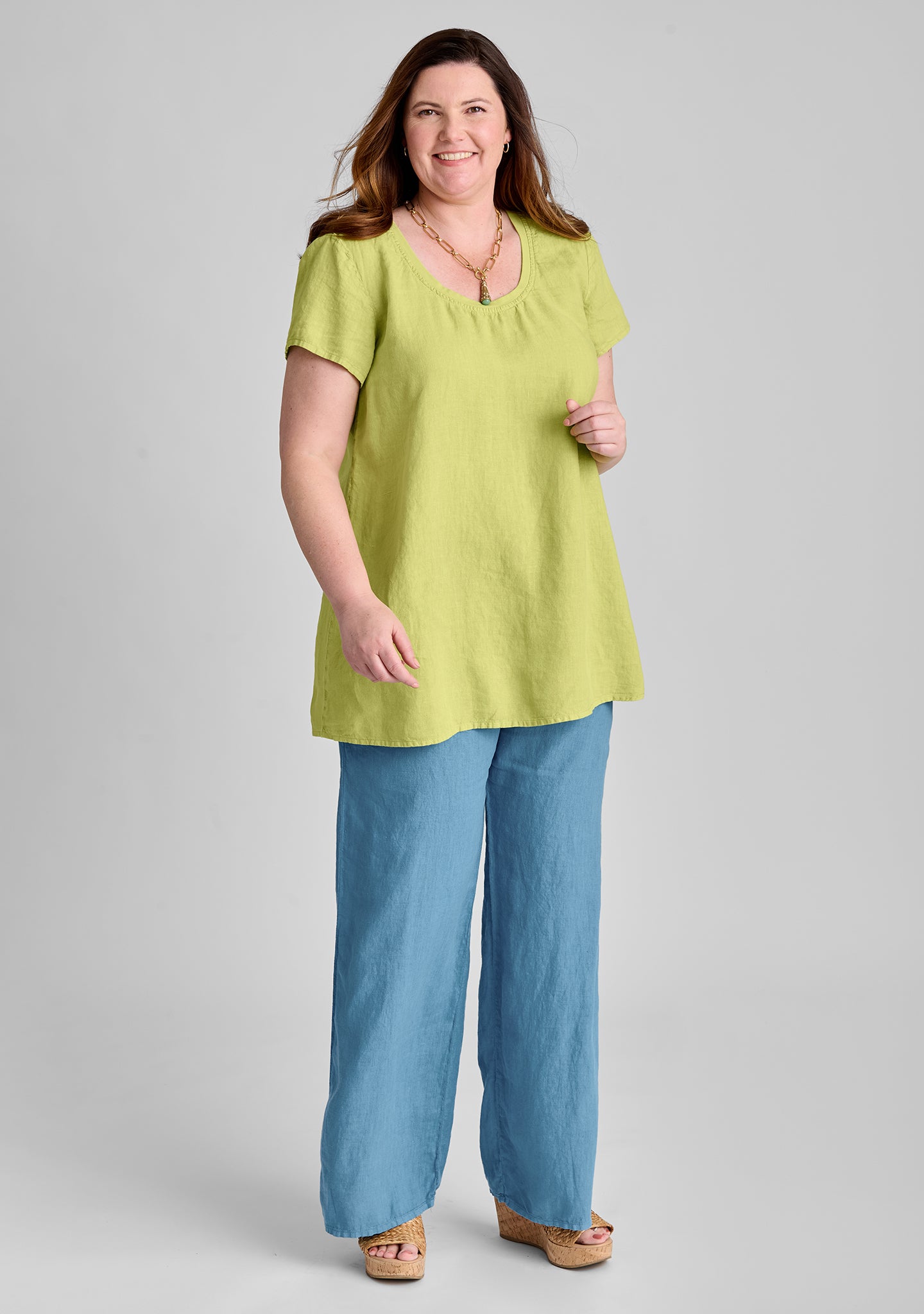 FLAX linen shirt in green with linen pants in blue