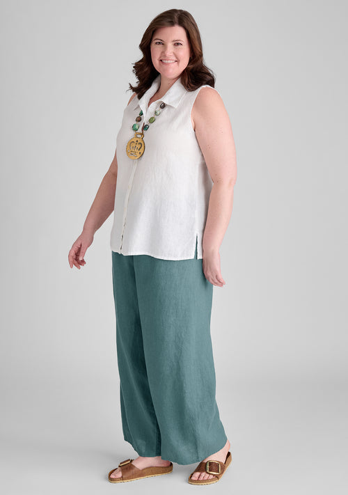full outfit white linen button down boxd down full length linen pants blue