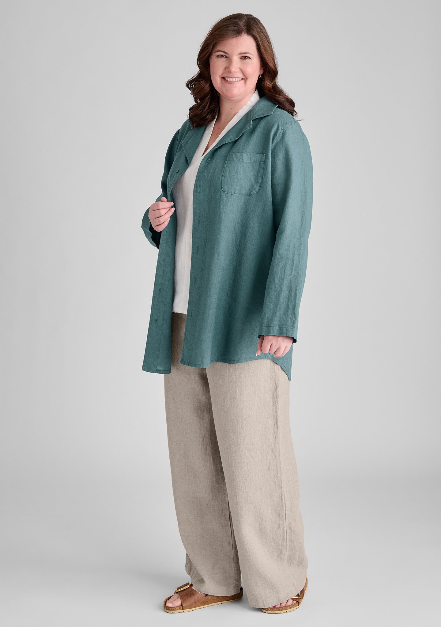 FLAX linen shirt in blue with linen top in white and linen pants in natural