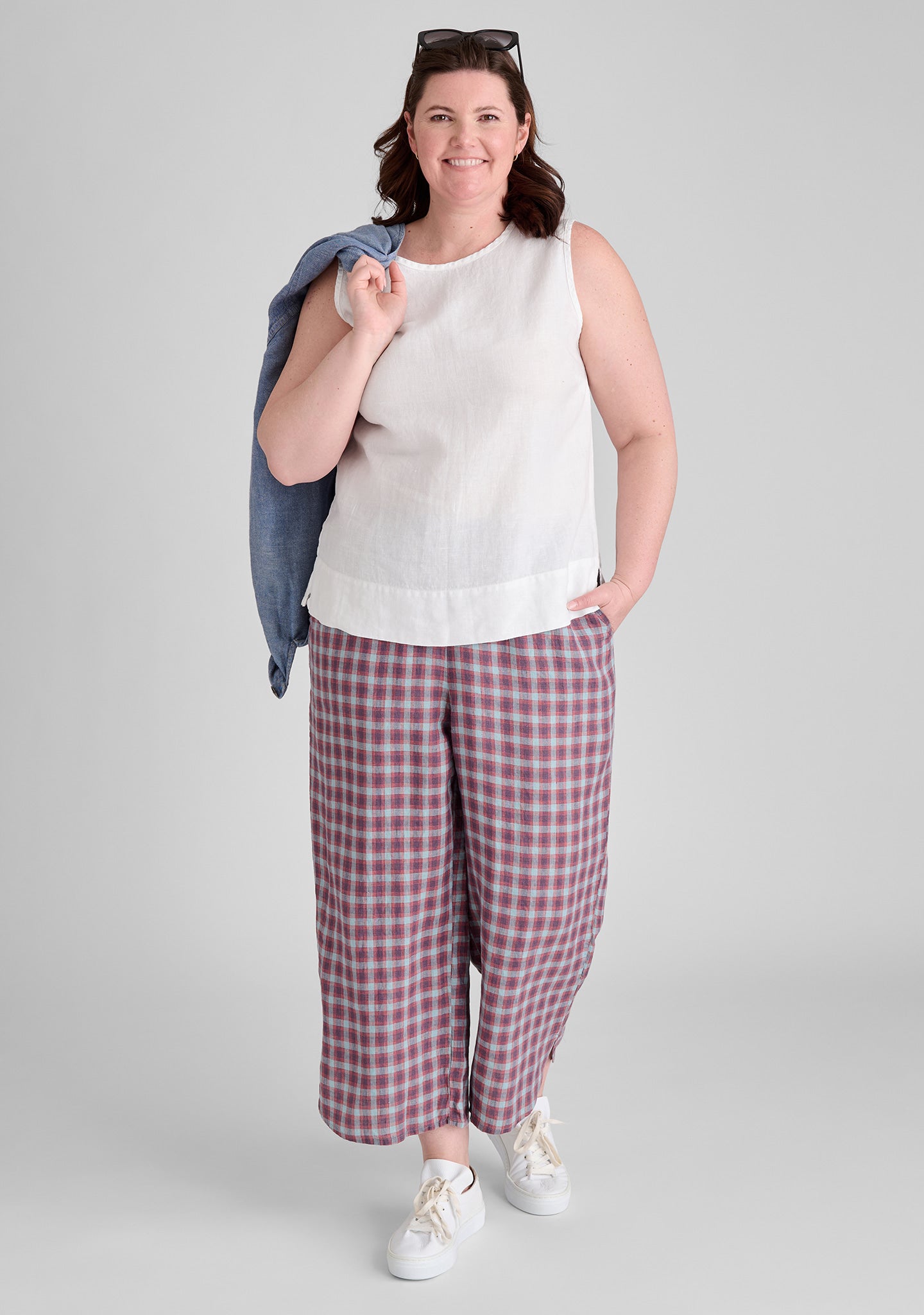 FLAX linen tank in white with linen pants in plaid