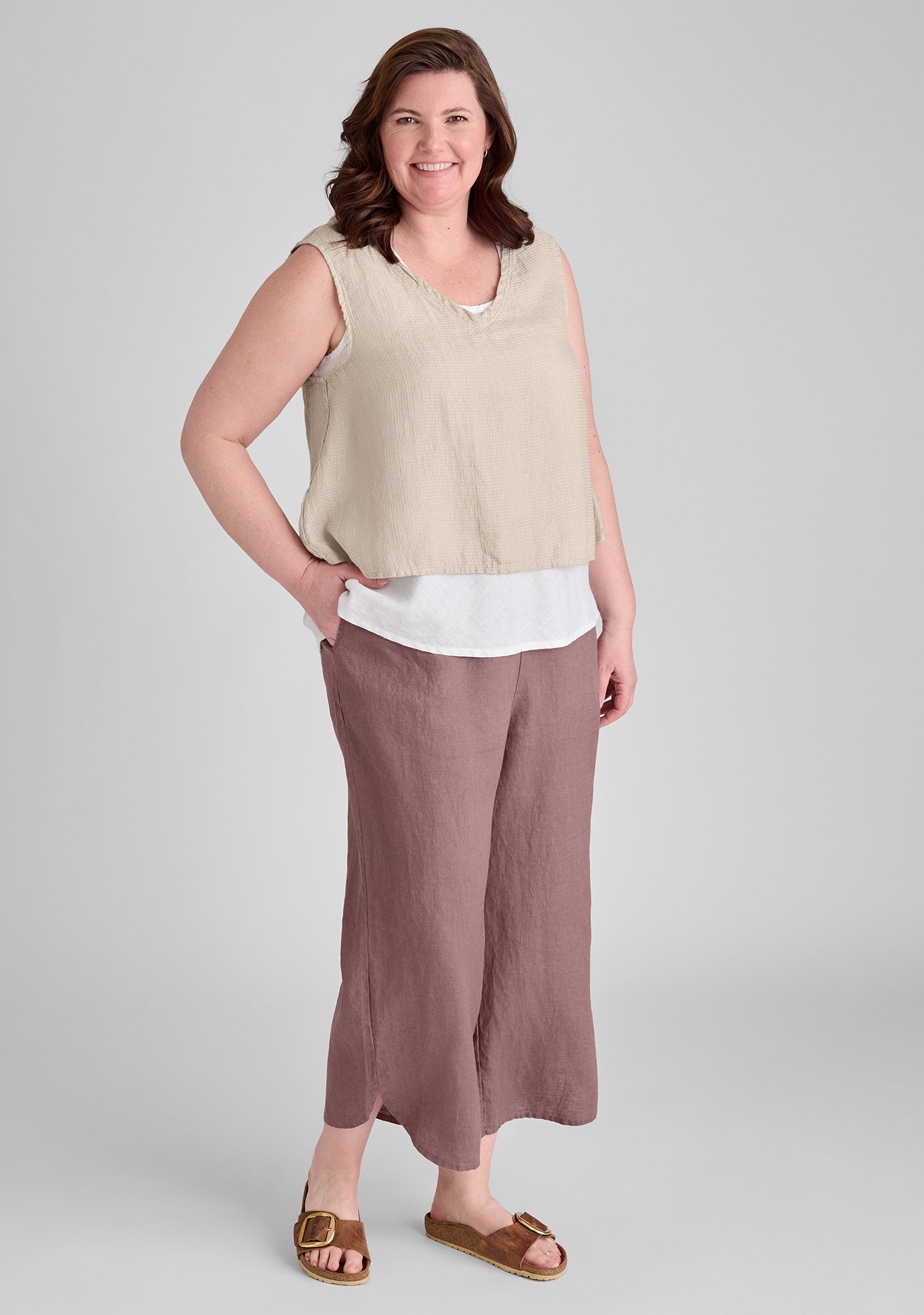 FLAX linen tank in natural and linen tank in white with linen pants in purple
