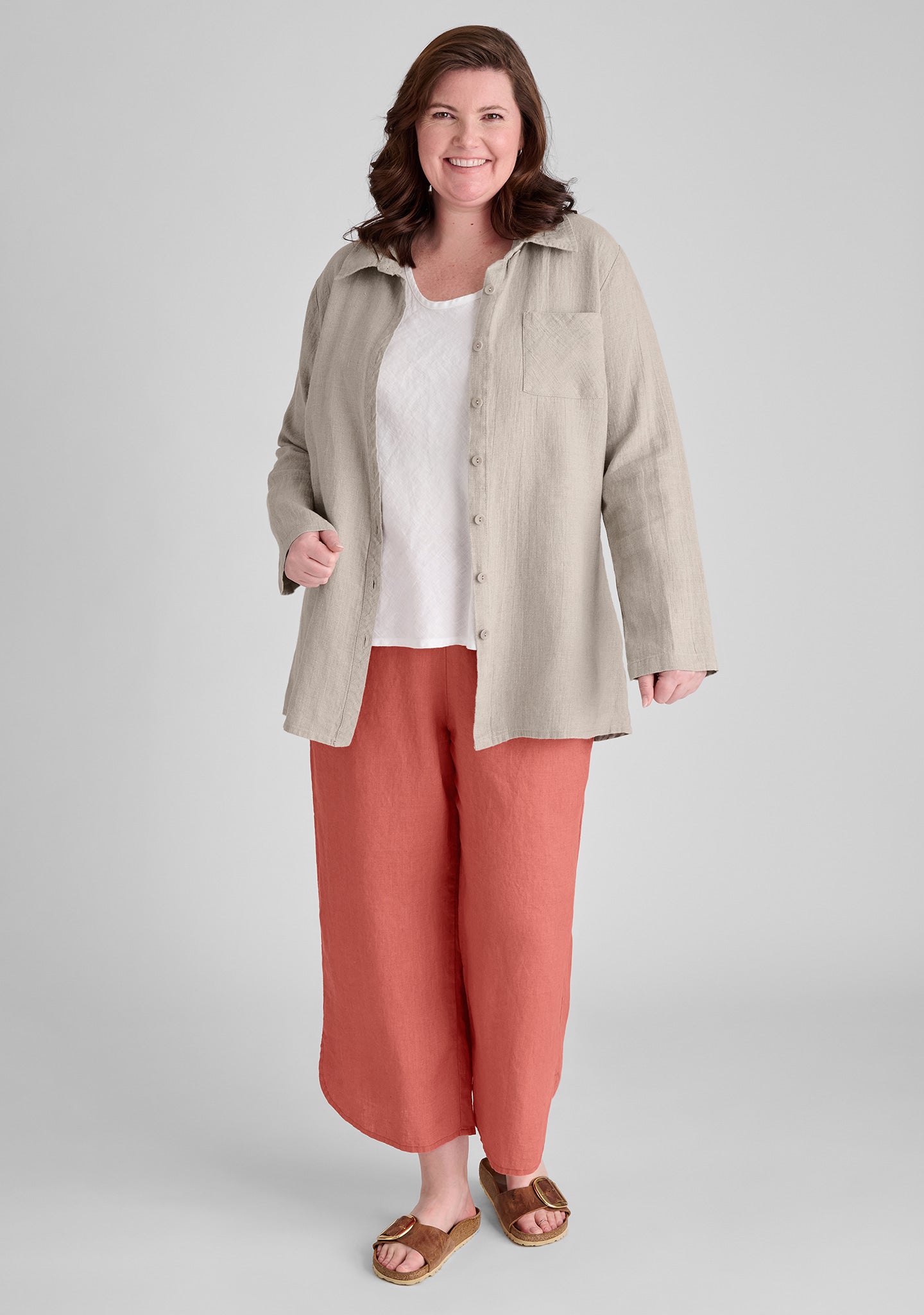 FLAX linen shirt in natural and tank in white with linen pants in pink