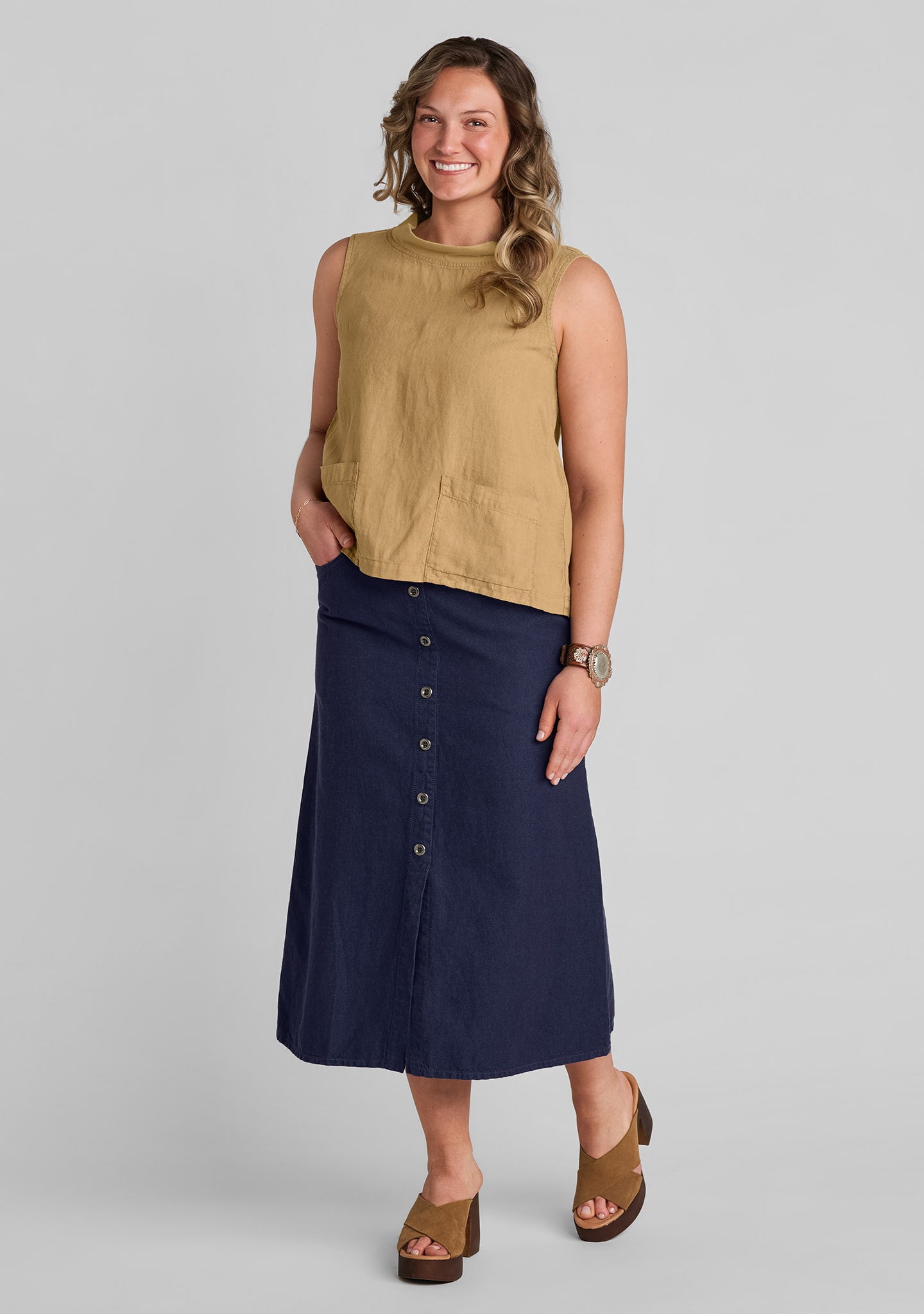 FLAX linen tank top in brown with linen blend denim in blue