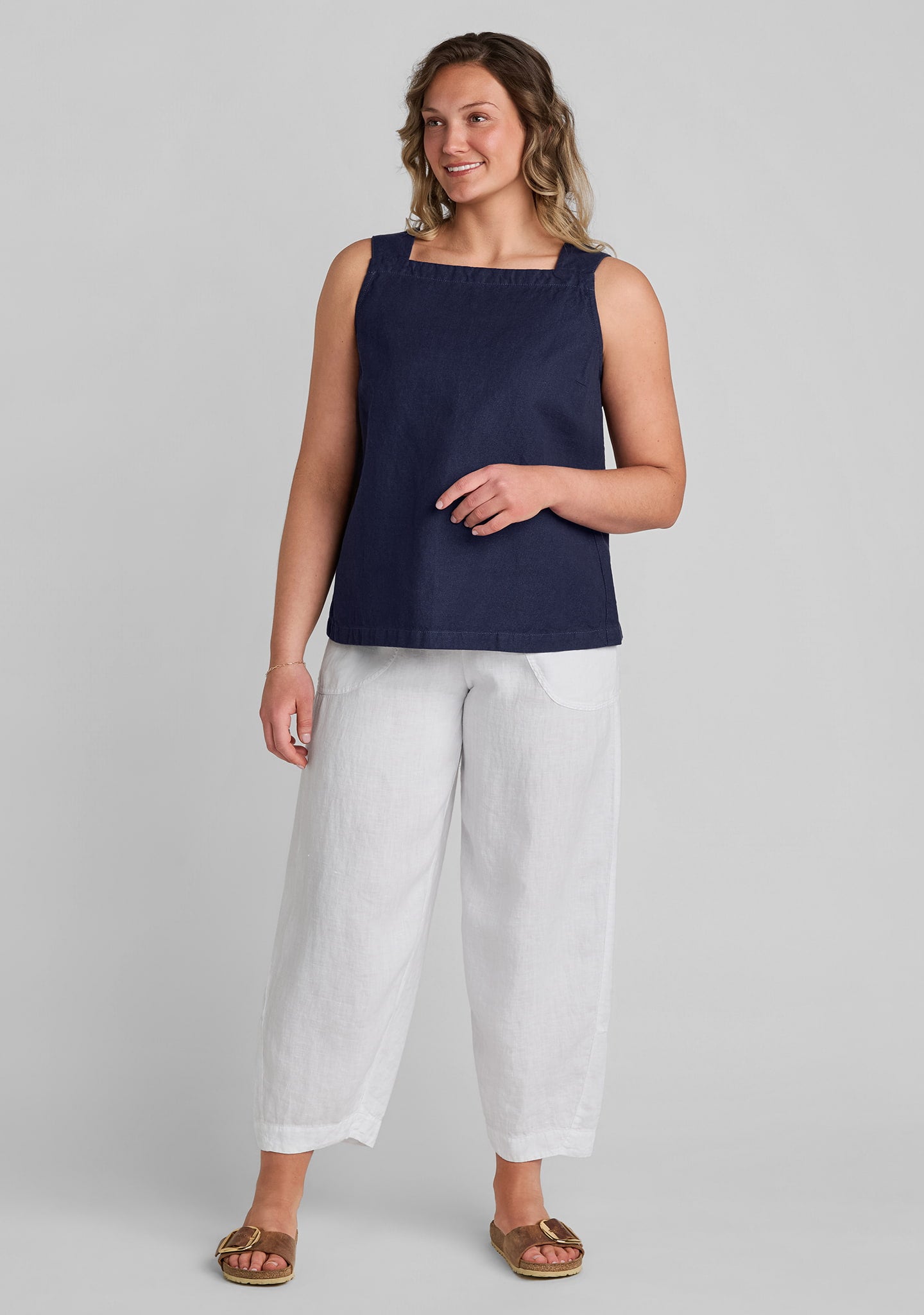 FLAX linen blend denim in blue with linen pants in white