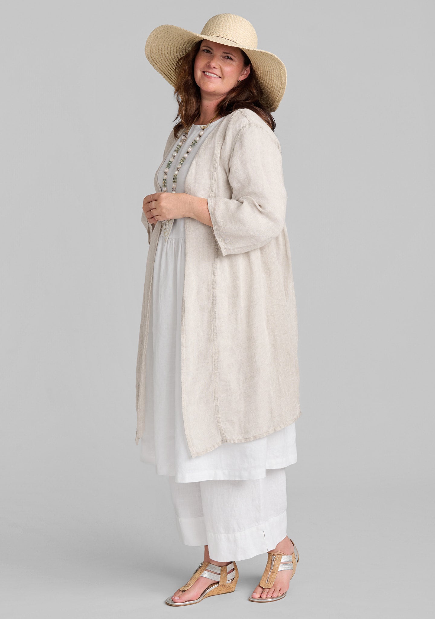 FLAX linen jacket in natural with linen dress in white and linen pants in white