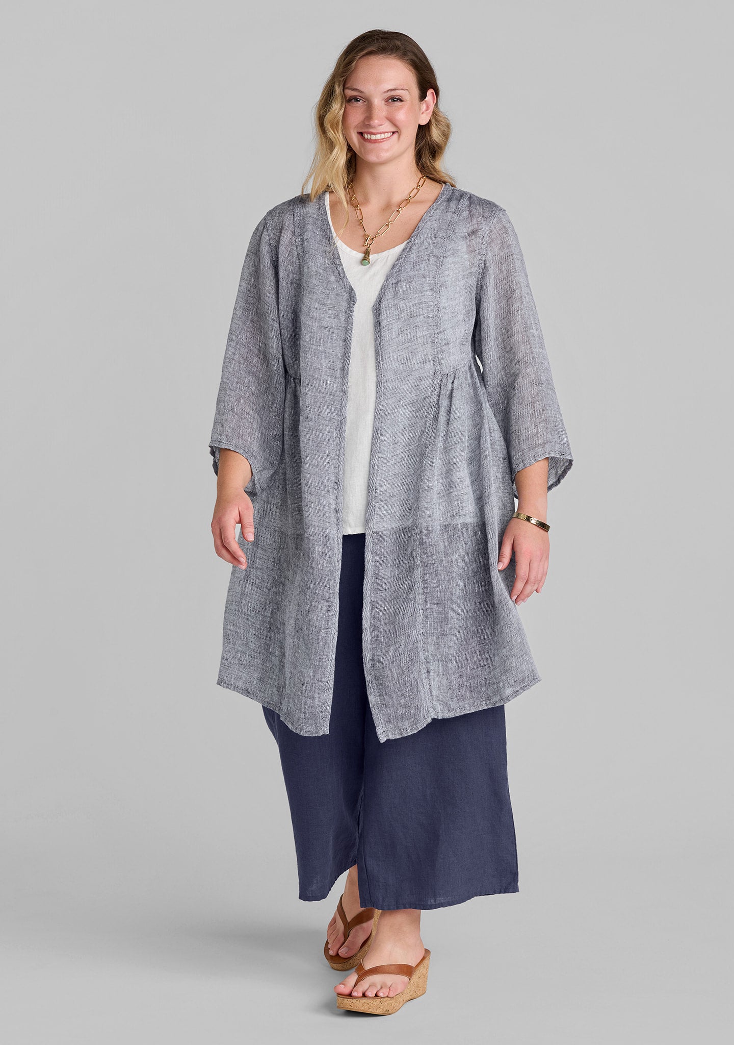 FLAX linen jacket in blue with linen tank in white and linen pants in blue