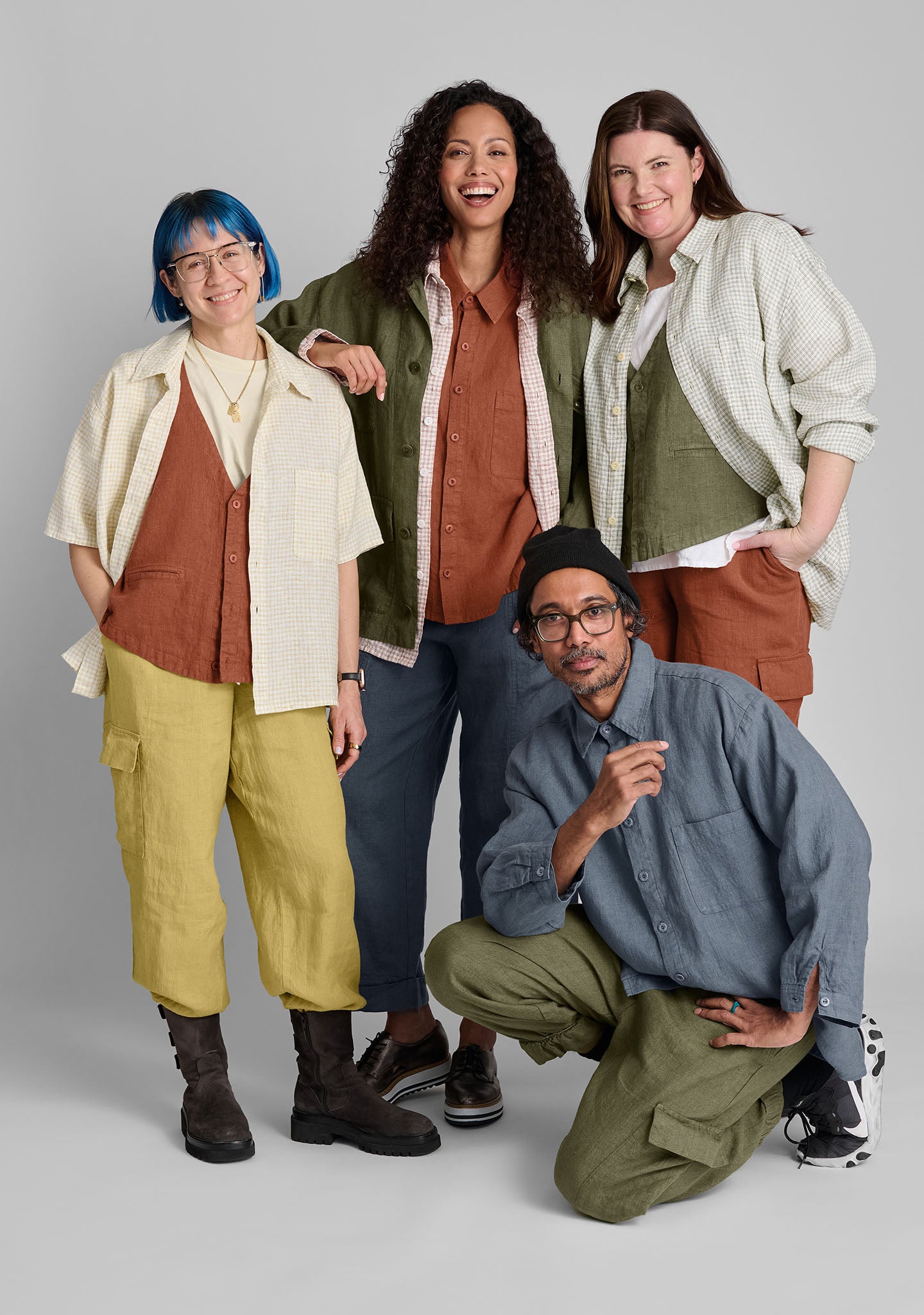 FLAX linen clothing in yellow, green, blue, and red