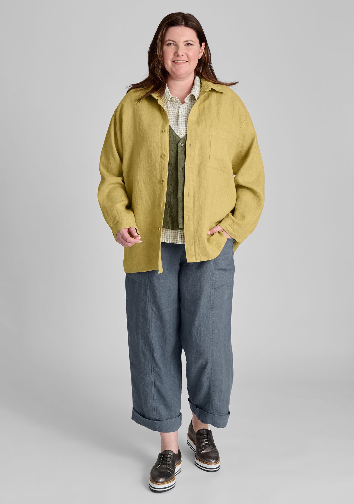 FLAX linen jacket in yellow with linen shirt in green and linen pants in blue