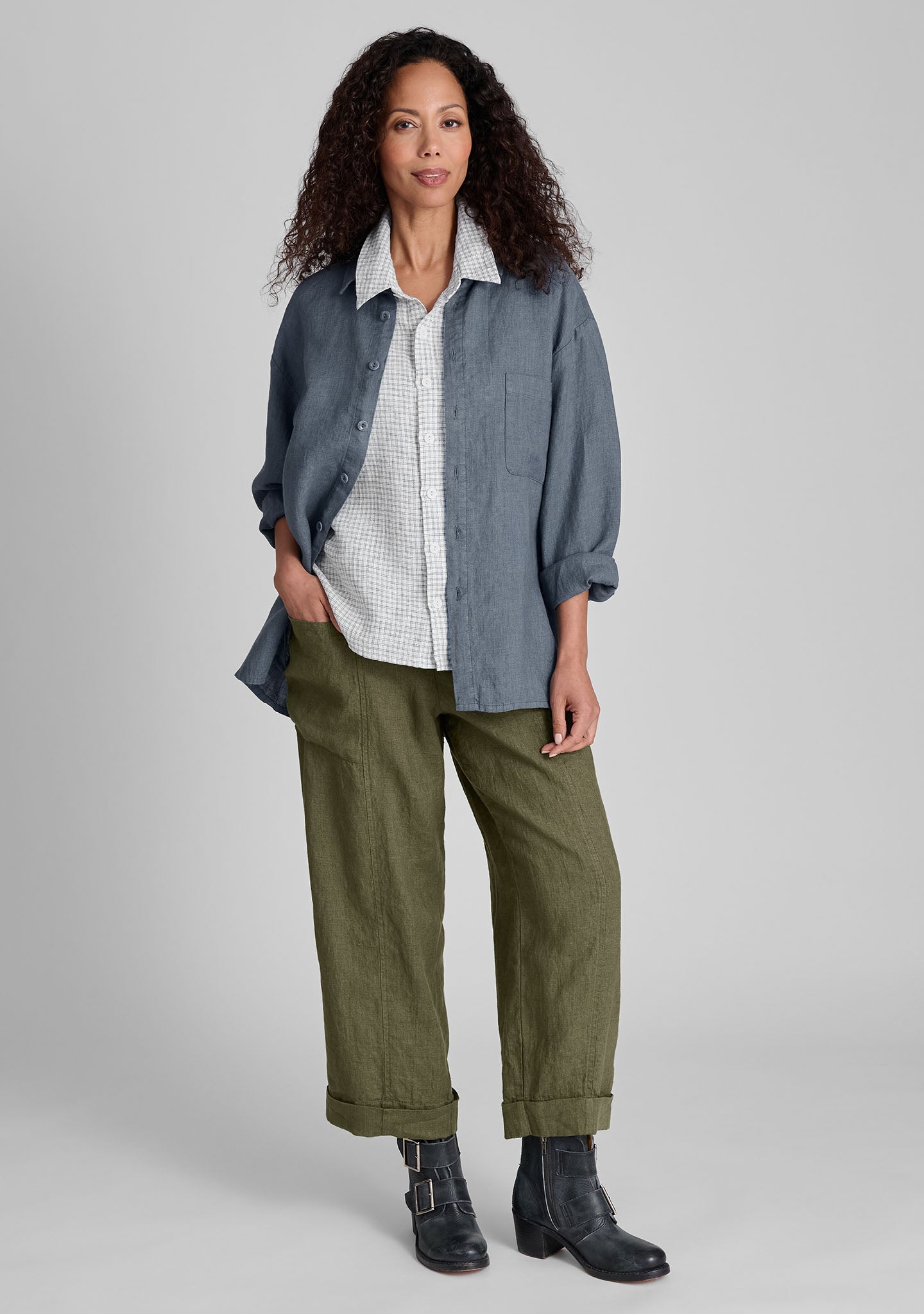 FLAX linen shirt in blue with pants in green