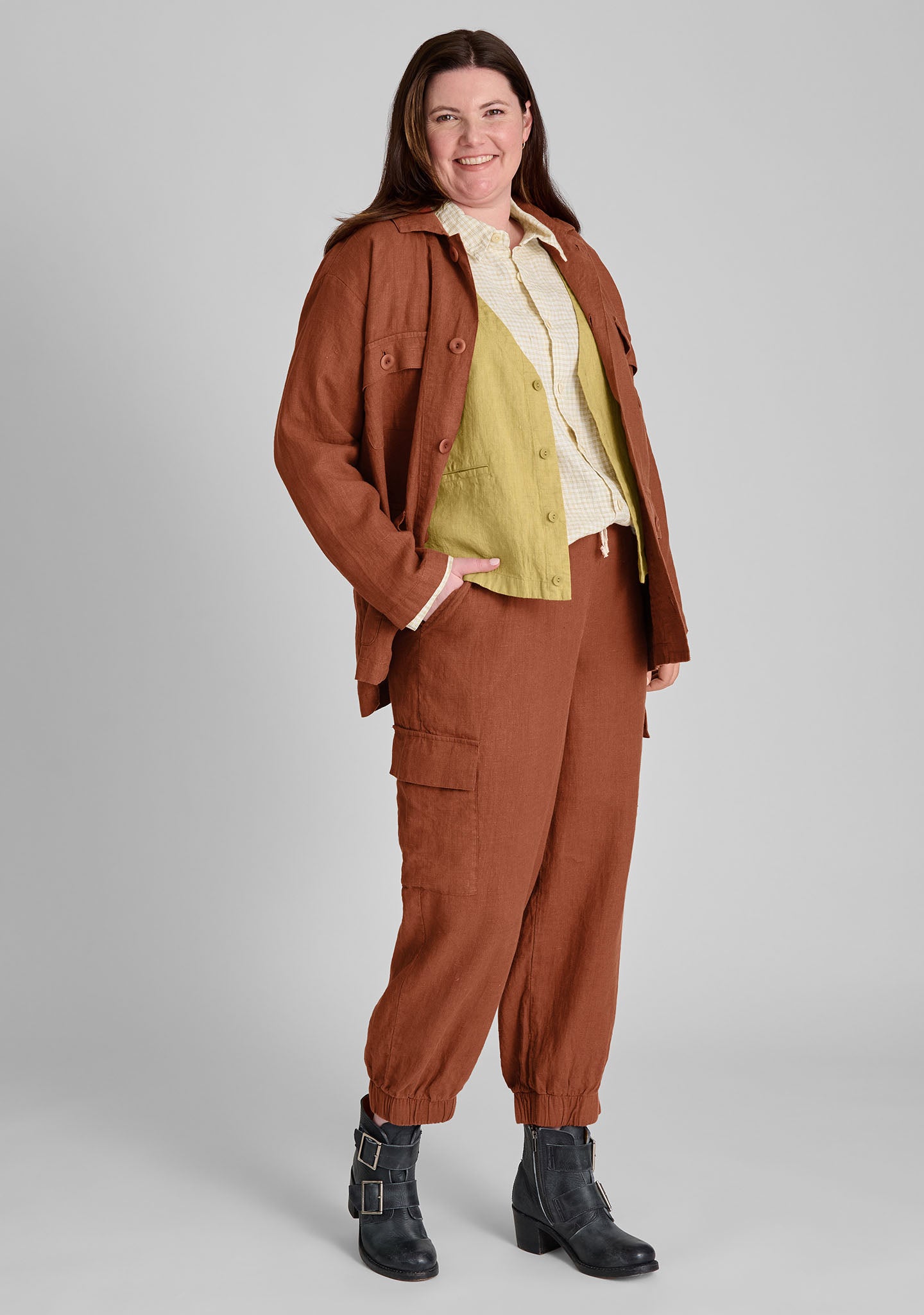 FLAX linen jacket in red with linen vest in yellow and linen shirt in yellow with linen pants in red