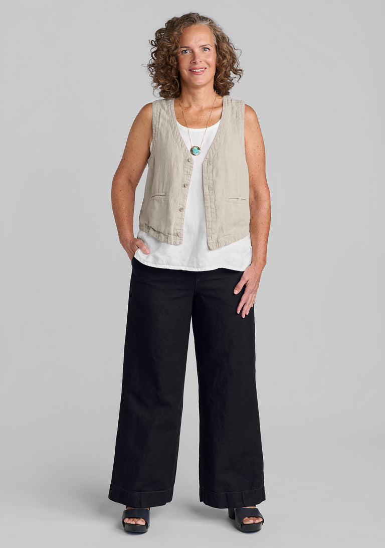 FLAX linen vest in natural with linen tank in white and pants in denim blue