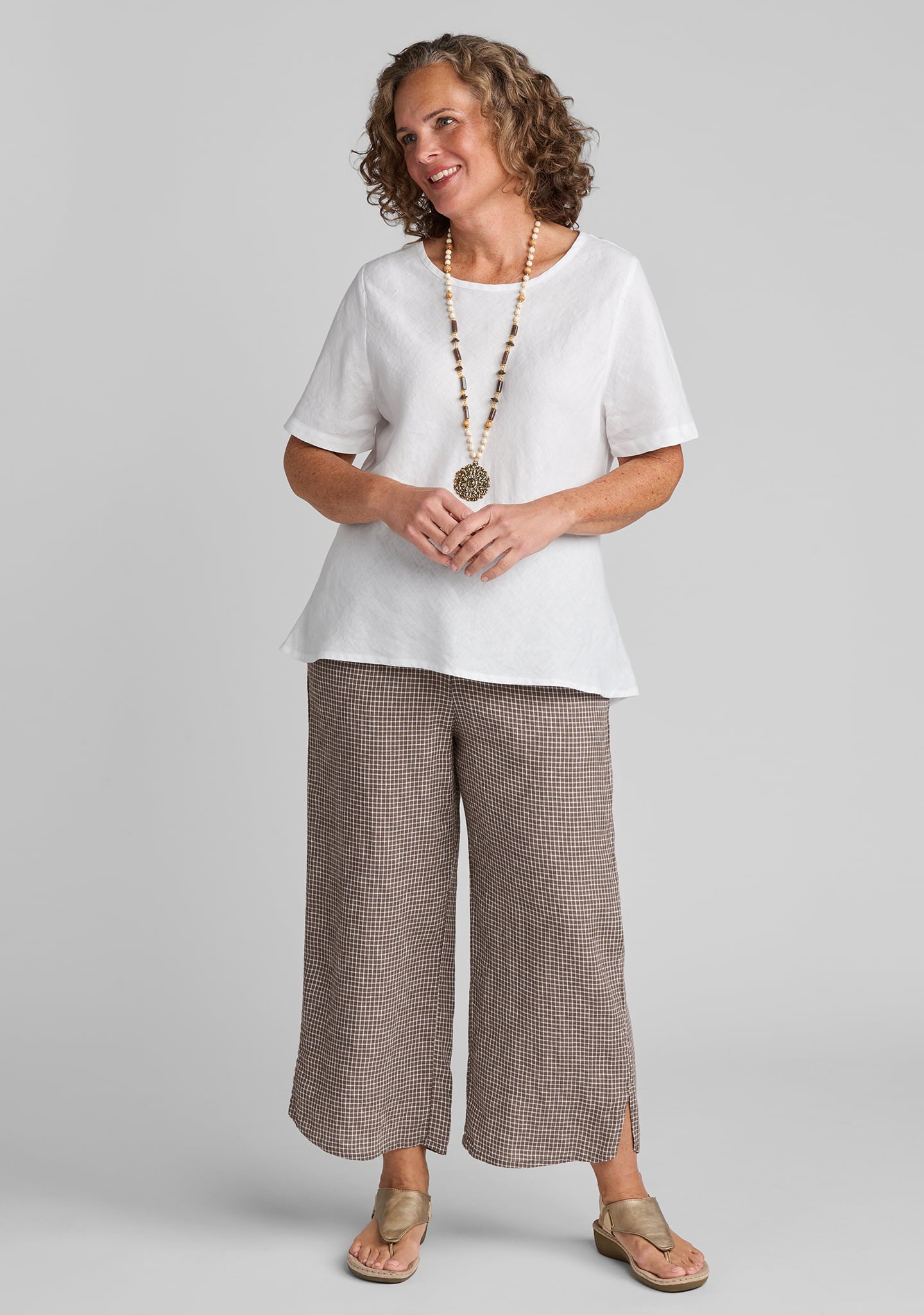 FLAX linen tee shirt in white with linen skirt in brown