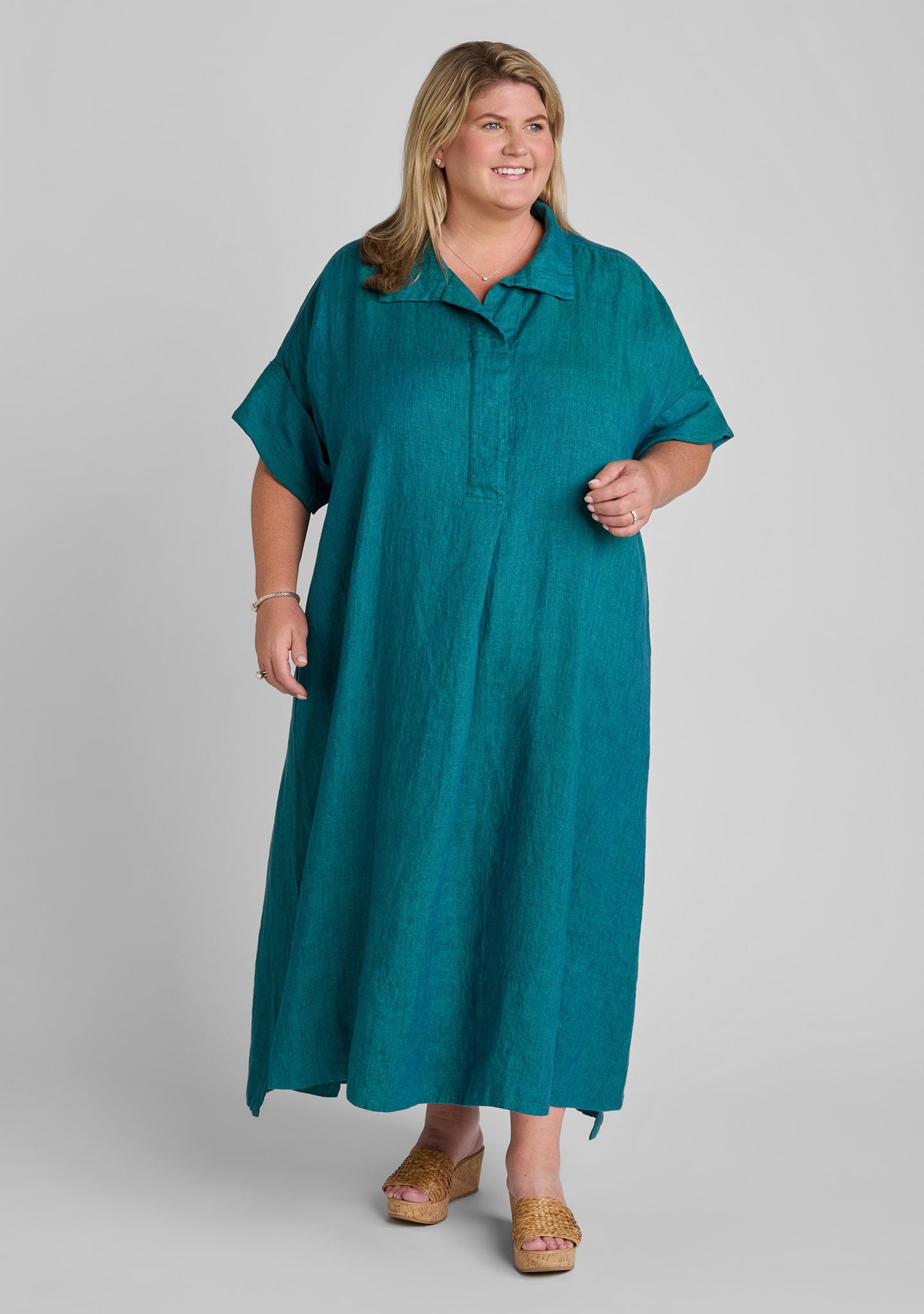 artful shirtdress linen dress green on a plus size model