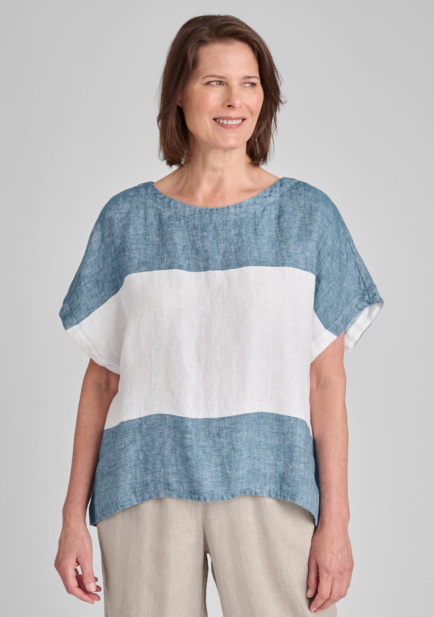 Back Slit Tee - Linen Shirt - FINAL SALE - Dark Teal Stripe