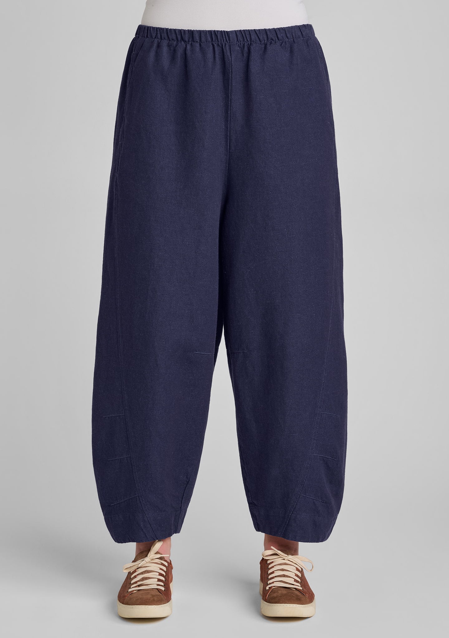 front full view of denim barrel pant in blue